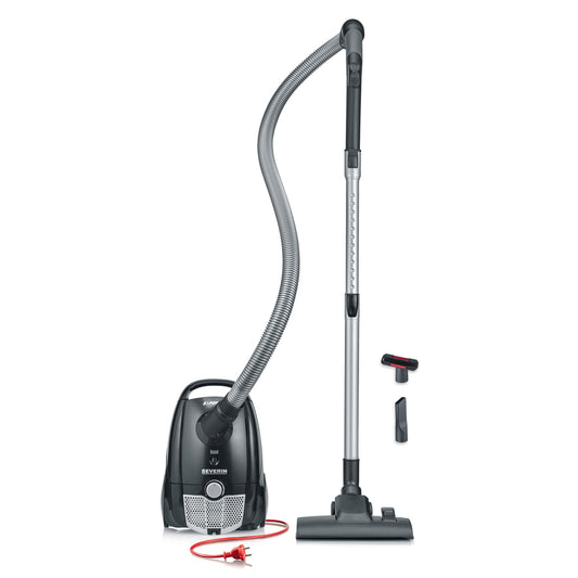 SEVERIN putekļsūcējs BC 7030 - kompakts, kluss, 750 W, mīksta skaņas sprausla, 8 m darbības rādiuss, melns.