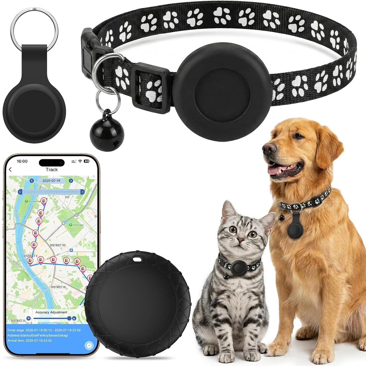 GPS izsekotājs kaķiem, GPS izsekotājs mājdzīvnieku kakla siksnām, kaķu kakla siksnas izsekotājs bez abonementa, savietojams ar iOS un Android, piemērots kaķiem, suņiem un citiem maziem mājdzīvniekiem, IPX6 ūdensizturīgs, melns
