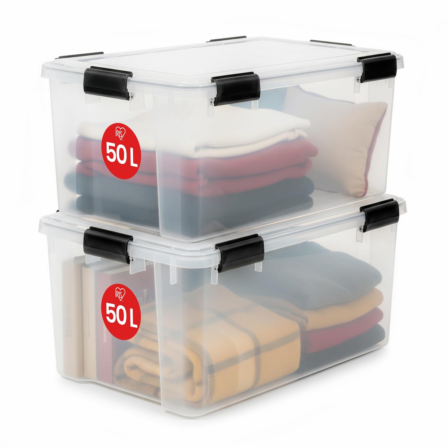 Hermētiskas plastmasas uzglabāšanas kastes ar vāku Iris Ohyama, 50 l, 2 gab., caurspīdīgas, ūdensnecaurlaidīgas, BPA nesaturošas, AT-L