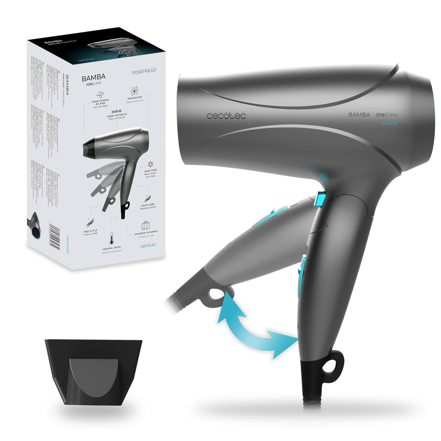 Cecotec IoniCare Power&Go kompaktais matu fēns, jauda 2400 W, DC motors, jonizācijas funkcija, augsts gaisa plūsmas ātrums, aukstā gaisa funkcija, matu kopšanas tehnoloģija, salokāms rokturis