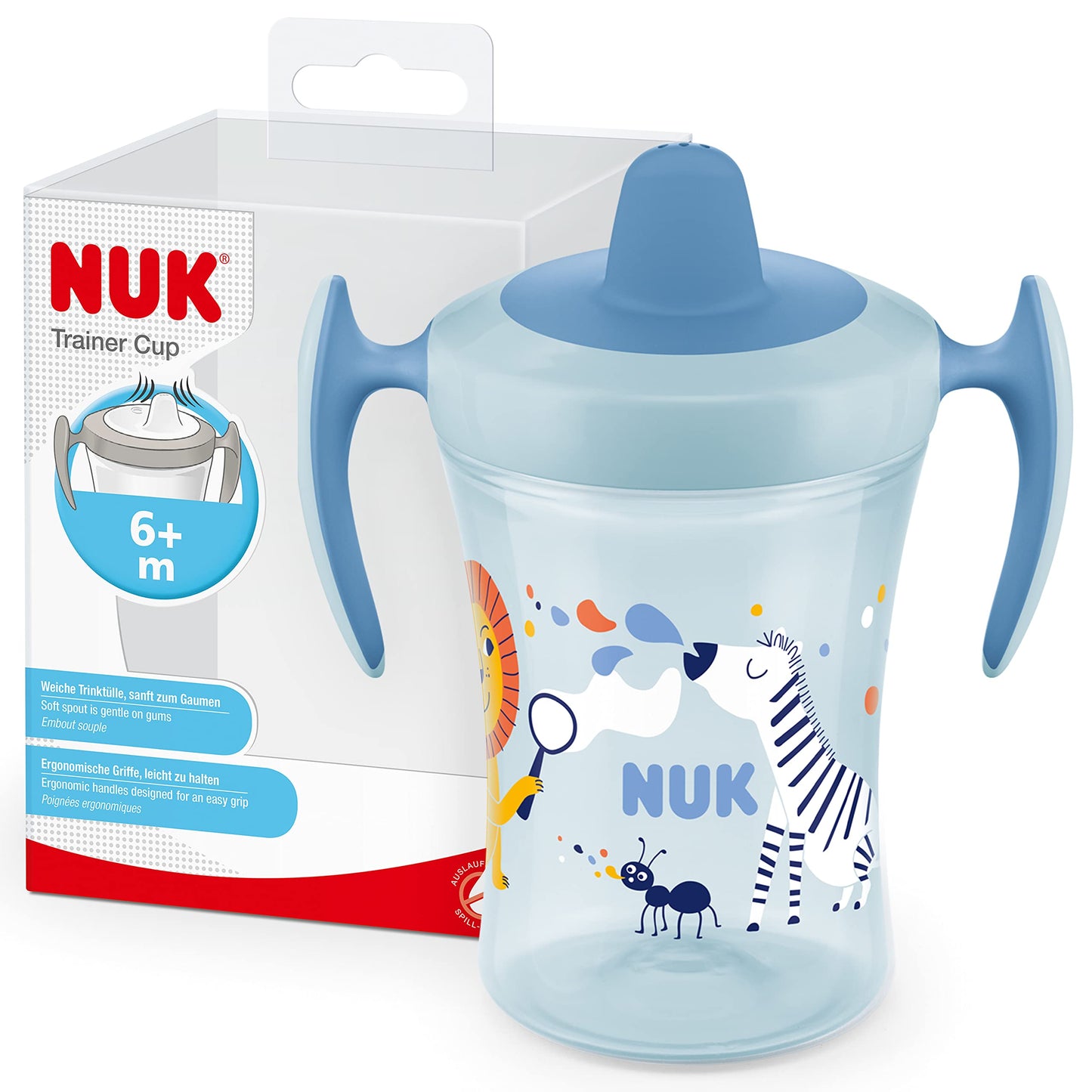 Mācību krūzīte NUK Trainer Cup ar mīkstu dzeršanas snīpīti un ergonomiskiem rokturiem, 6+ mēneši, 230 ml, BPA brīva, zils zebras dizains, plastmasa