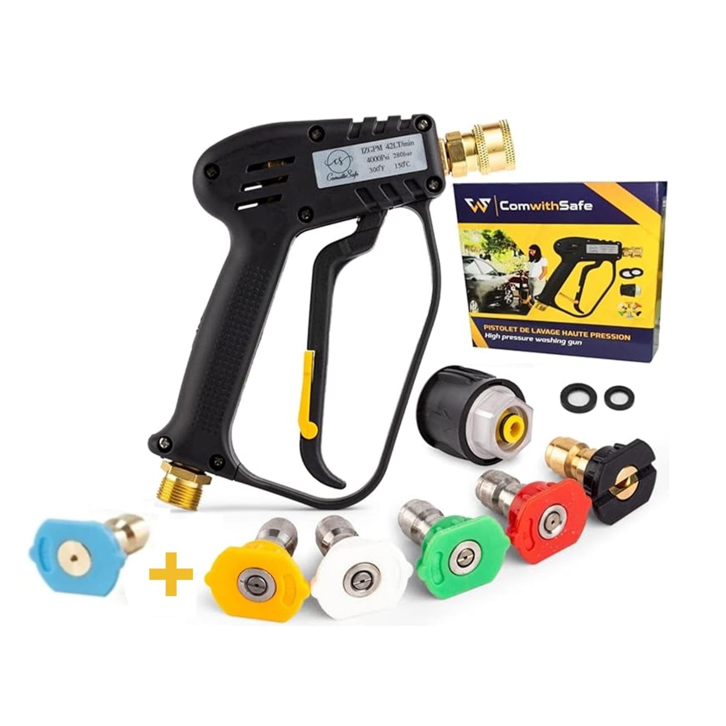 Augstspiediena mazgātāja pistole 4000 PSI ar 6 sprauslām un ātro savienojumu, auto mazgāšanas pistole, M22(14mm) savienojums, savietojams ar Karcher K1-K7 adapteri, 2 ūdens filtri un rokasgrāmata iekļauta