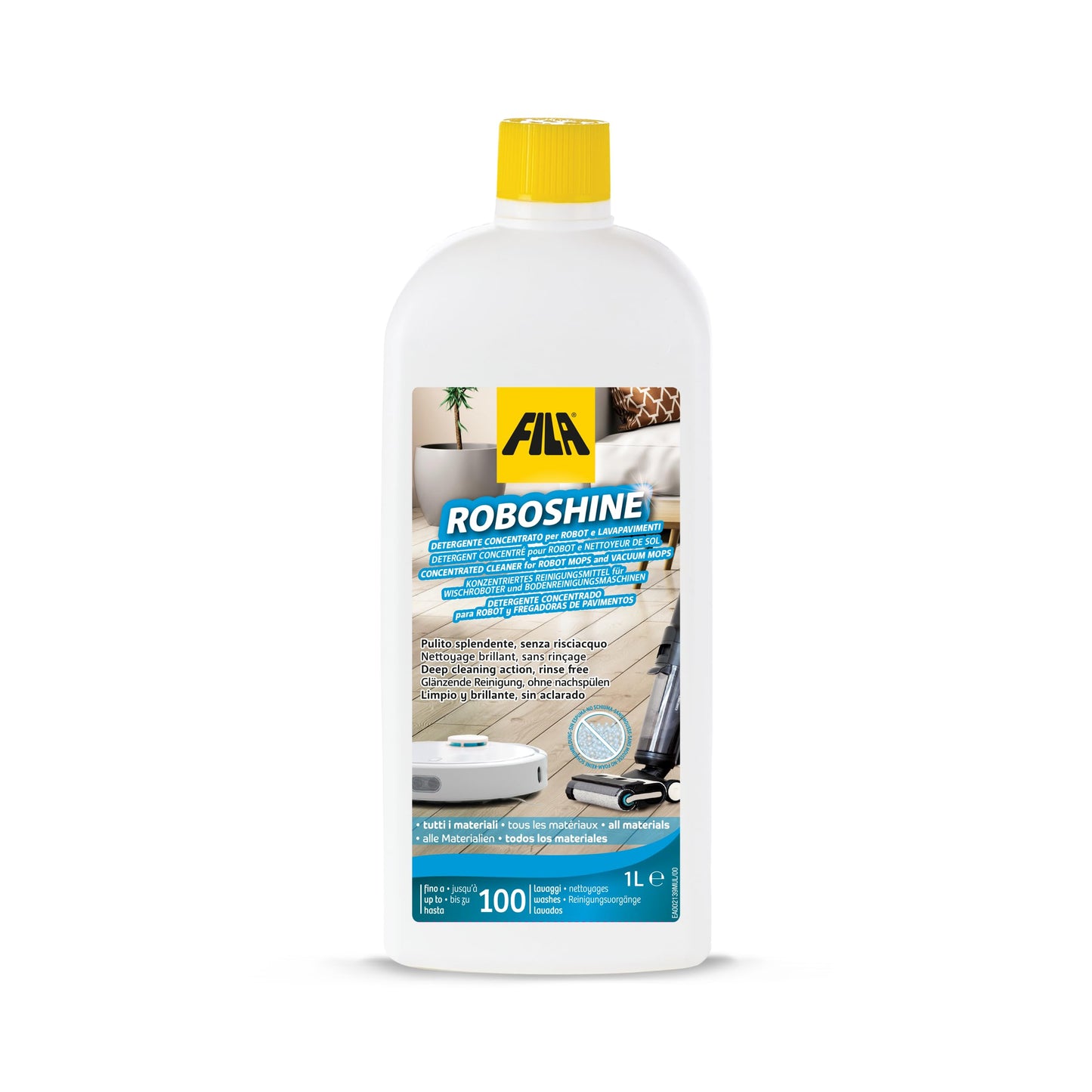 FILA ROBOSHINE - Cleaning solution for all robot vacuums, 100 washes, 1L, suitable for all surfaces.