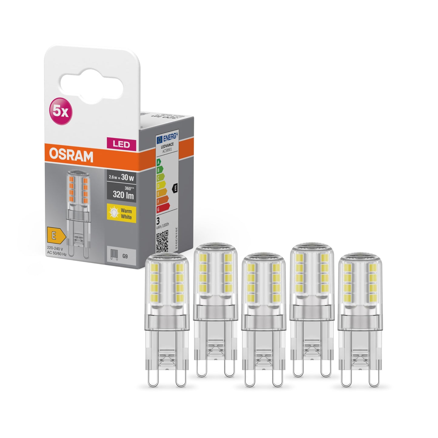 LED spuldze Osram Star PIN G9 ligzdai, caurspīdīgs stikls, silti balta gaisma (2700K), 320 lūmeni, 30W spuldzes aizstājējs, nedimmerējama, 5 gab.