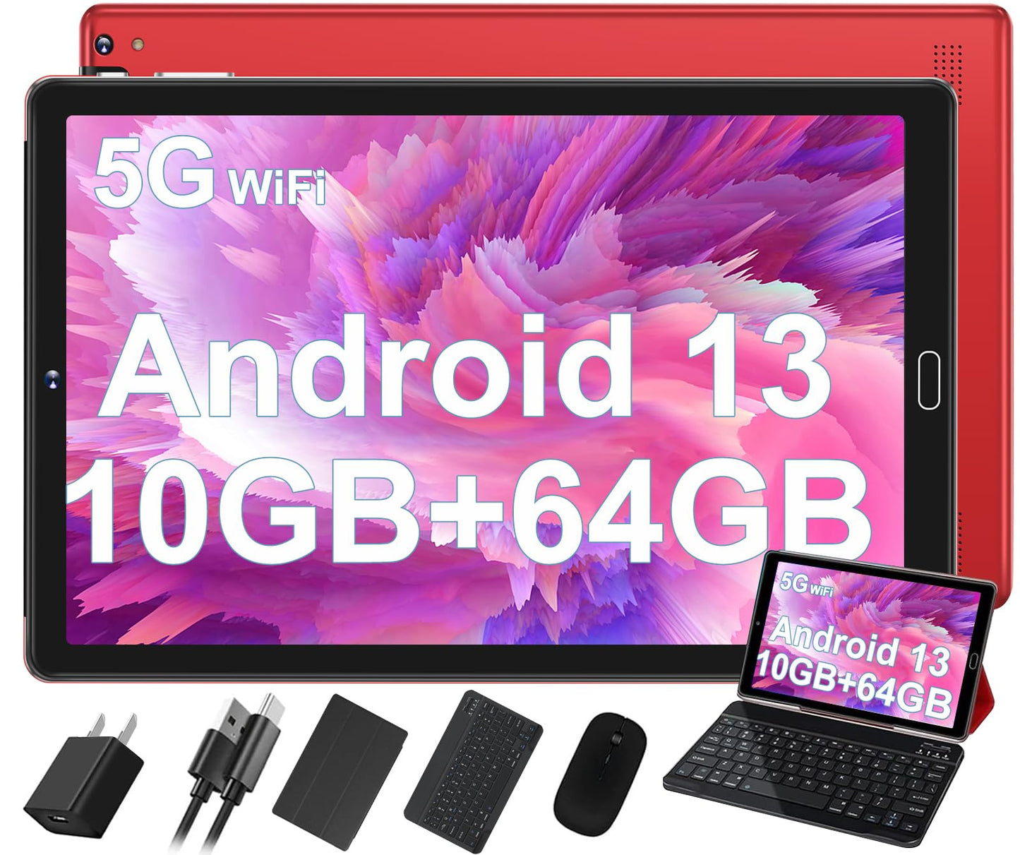 GOODTEL Android 13 planšetdators 10 collas 10 GB RAM + 64 GB ROM (1TB TF) Quad-Core ar | 5G + 2.4G WiFi | GPS | Bluetooth 5.0 | 8MP + 5MP, skārienplanšetdators ar vāku, tastatūru un peli – sarkans