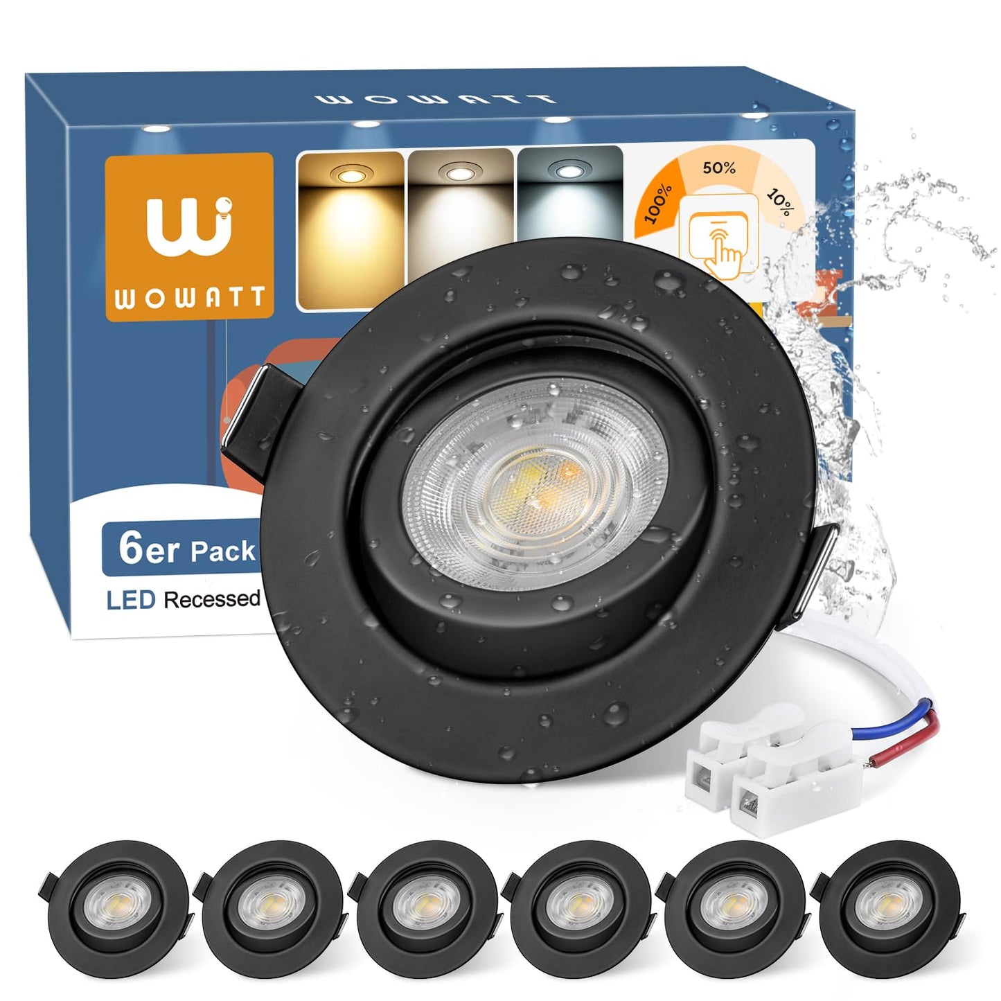 wowatt 6er LED iebūvētie prožektori 230V melni, 3 pakāpju dimmējami, 68mm cauruma diametrs