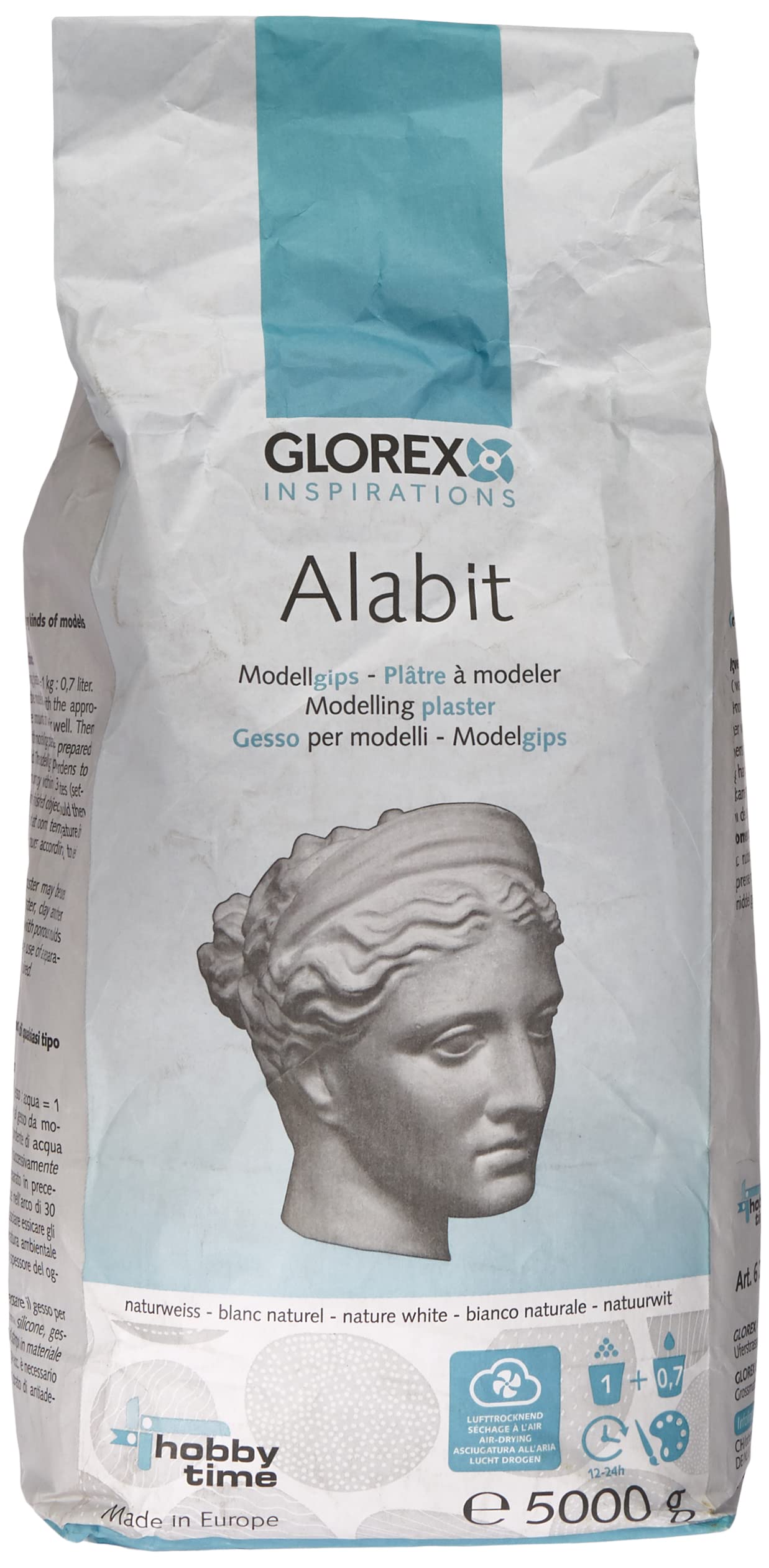 Lietošanas modelēšanas ģipša masa GLOREX Alabit, naturbalta, augstas kvalitātes modelēšanas ģipsis, 5000 g