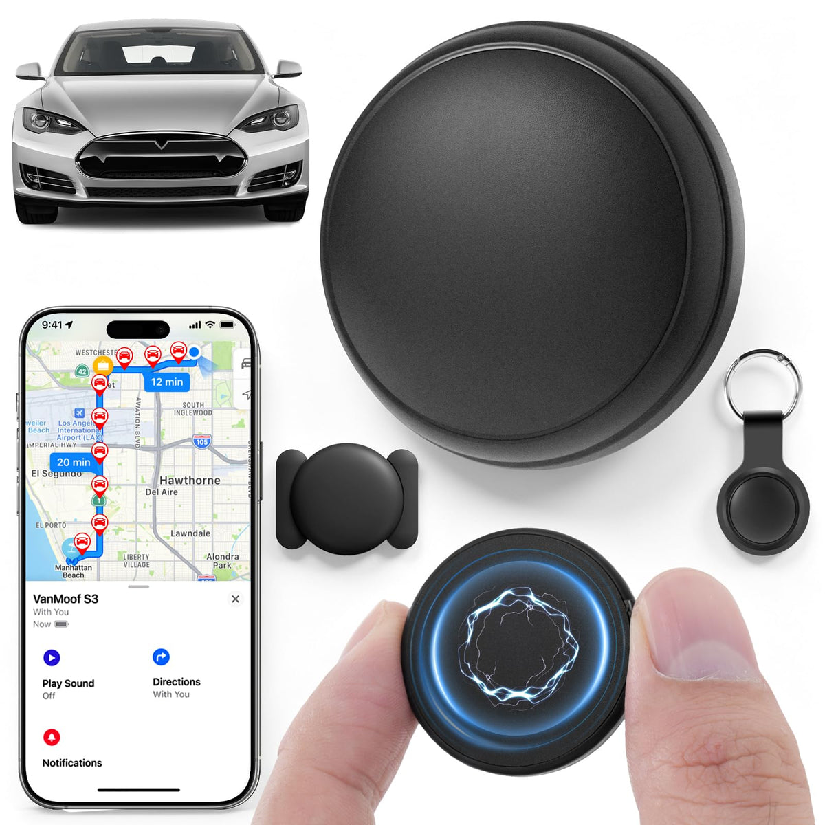 GPS izsekotājs automašīnai, mini, magnētisks, bez abonementa un SIM kartes, Bluetooth transportlīdzekļa izsekotājs ar lietotni Android un iOS, atrašanās vieta reāllaikā, IPX6