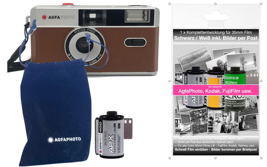 Agfa analoga 35mm maza formāta filma foto kamera brūnā krāsā + melnbaltā attēlu filma + akumulators + PILNĪGA ATTĪSTĪBA filma + attēli