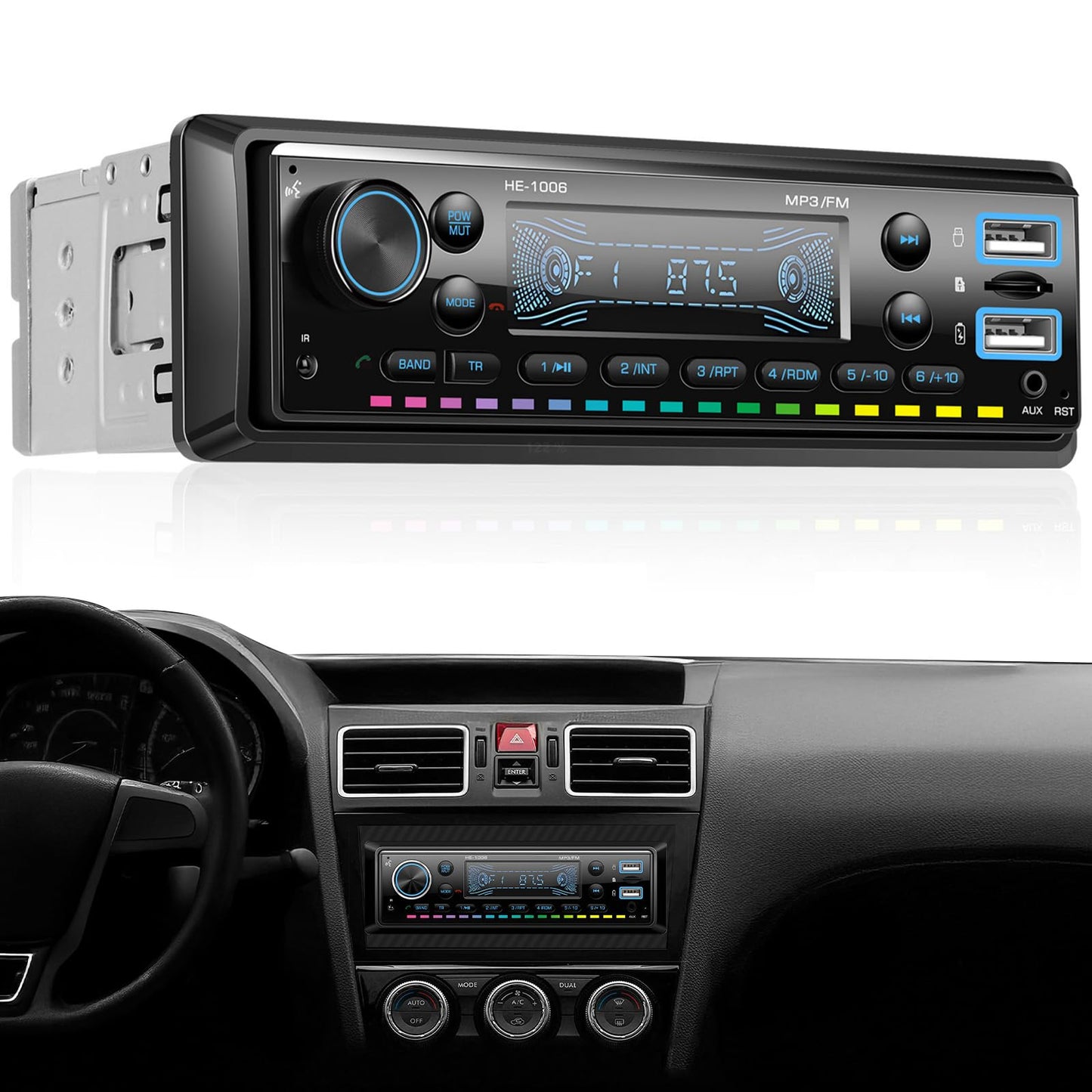 Auto radio CAMECHO 1 Din, FM Bluetooth radio, brīvroku sistēma, fona apgaismojums, 2 USB AUX-in, 4 x 45W, 10V-14.4V, melns