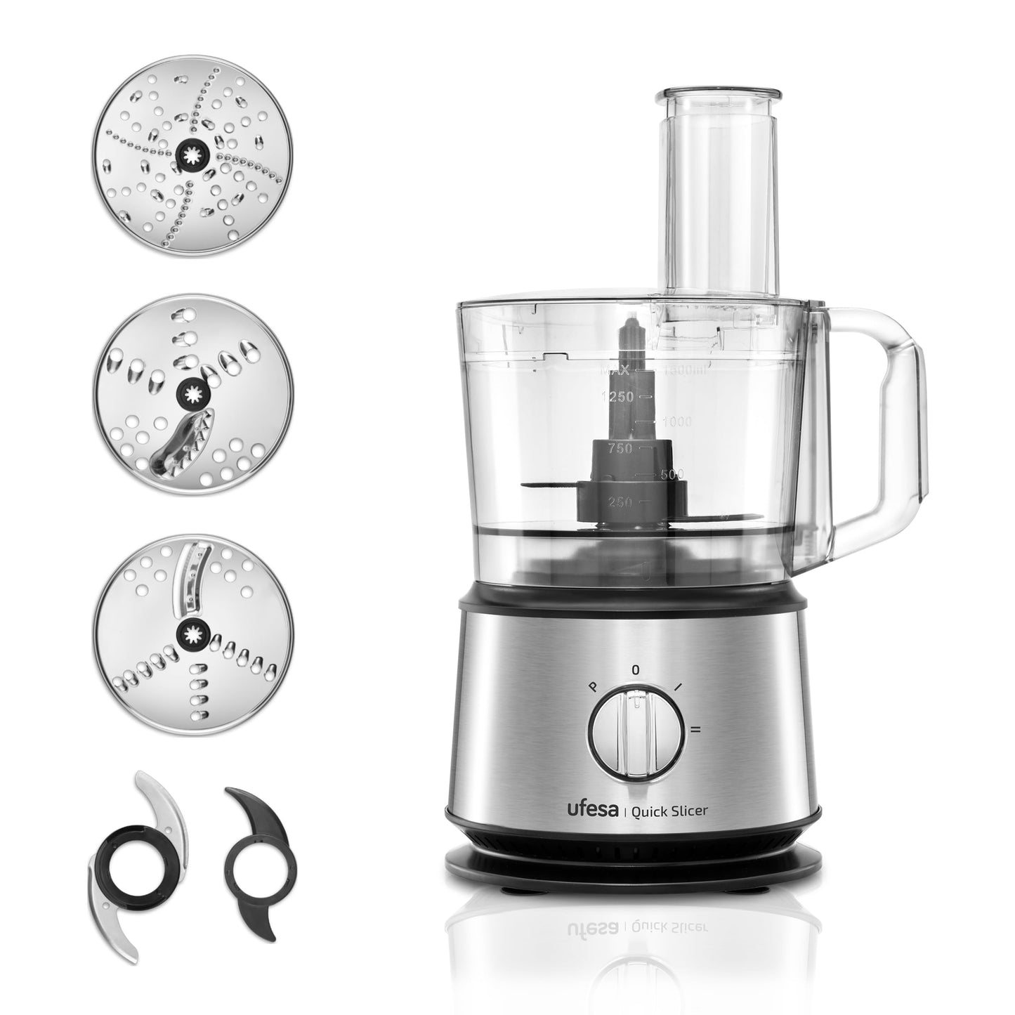 Ufesa Quick Slicer procesors multifunkcionāls pārtikas procesors 10-in-1, 1200W, 1,5L ietilpība, nerūsējošā tērauda korpuss, x3 divpusēji asmeņi, x1 griešanas nazis, x1 maisīšanas karote
