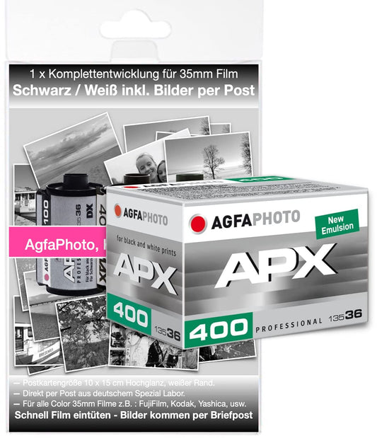 AgfaPhoto APX400 melnbaltā filma 400 ASA līdz 36 attēliem, ieskaitot pilnīgu attīstību attēliem pa pastu pastkartes izmērā 10 x 15 cm. Pēc pieprasījuma attēlu dati papildus pa WE Transfer