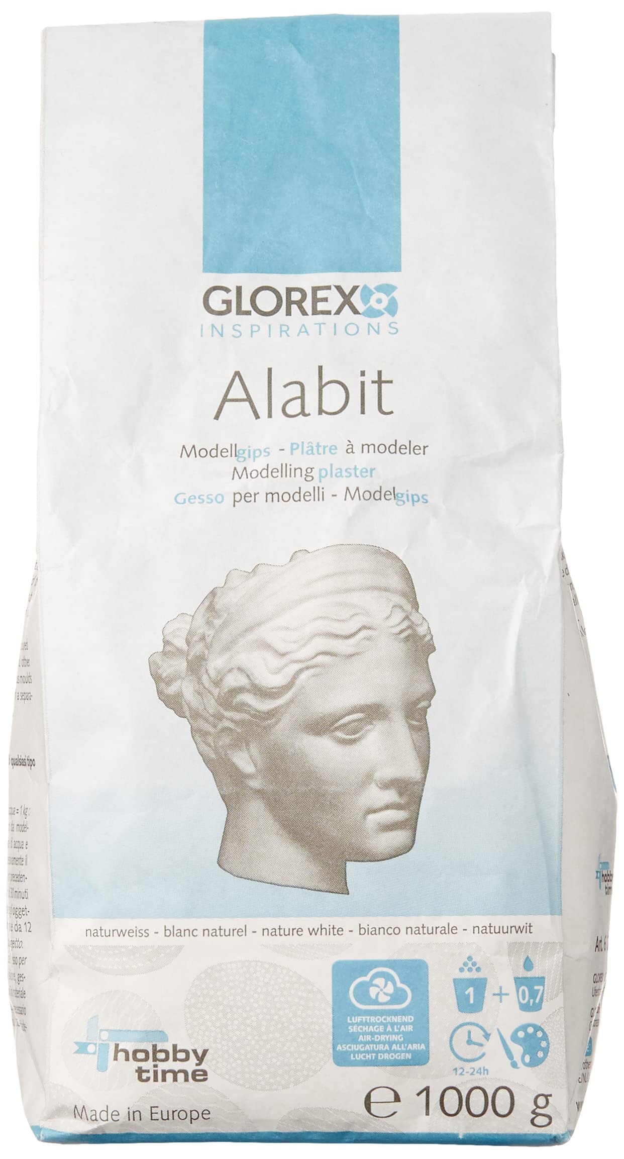 Lietošanas modelēšanas ģipša masa GLOREX Alabit, naturbalta, 1000 g, augstas kvalitātes modelēšanas ģipsis modeļiem, nelieliem reljefiem un ģipša formām
