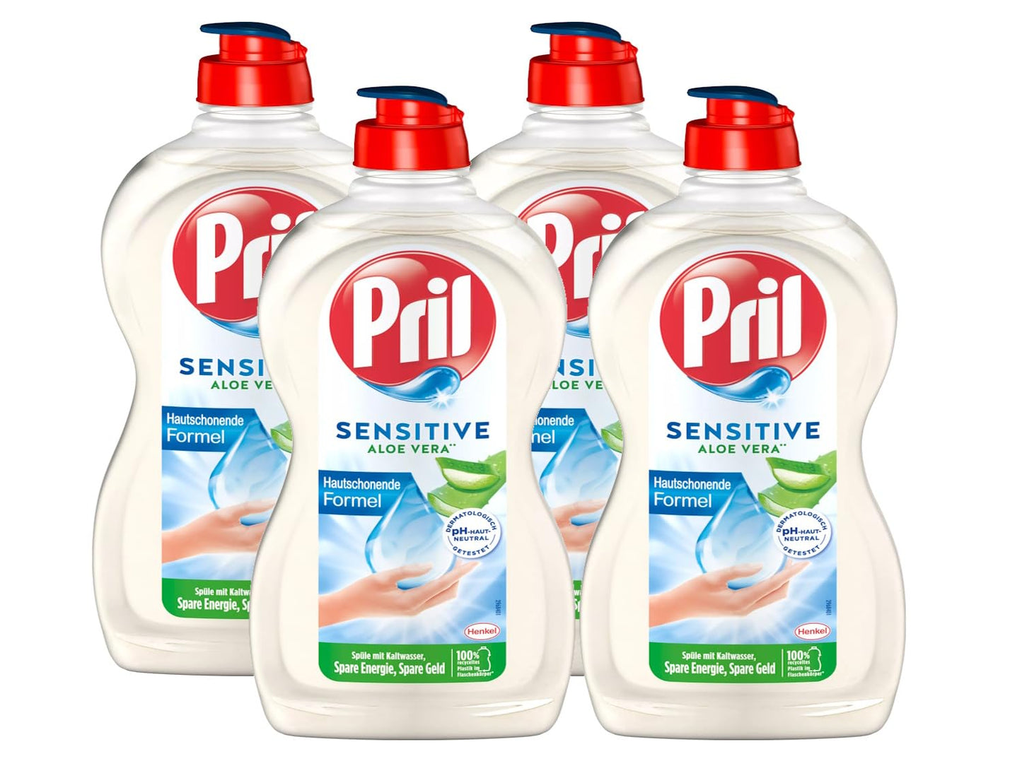 Trauku mazgāšanas līdzeklis PRIL Sensitive Aloe Vera (4x 450 ml), roku trauku mazgāšanai, ar spēcīgu tauku šķīdināšanas jaudu, tīriem traukiem arī aukstā ūdenī, pH-neitrāla formula