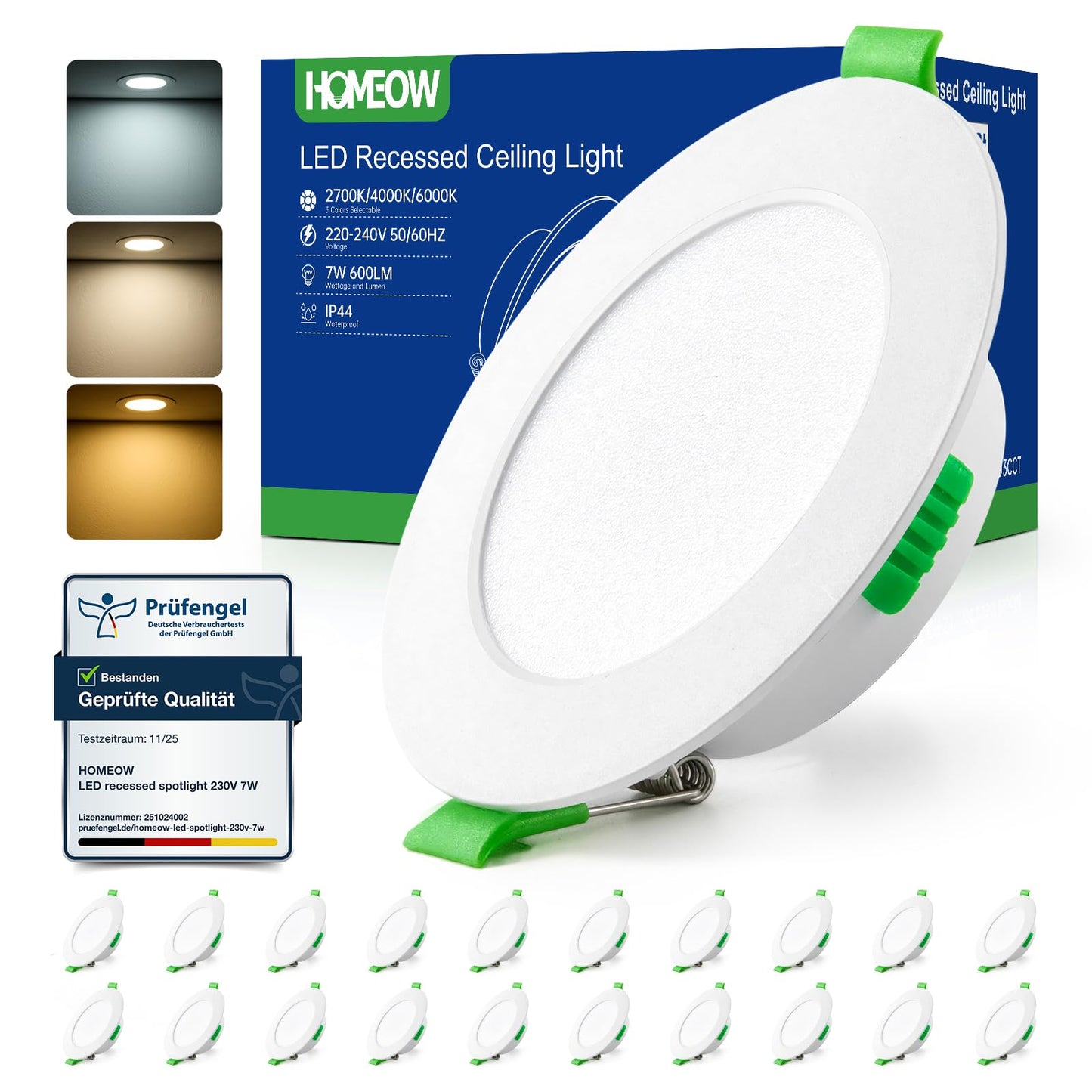 LED iebūvējamie prožektori HOMEOW 20er Set 230V 7W, 75mm–90mm montāžas caurums