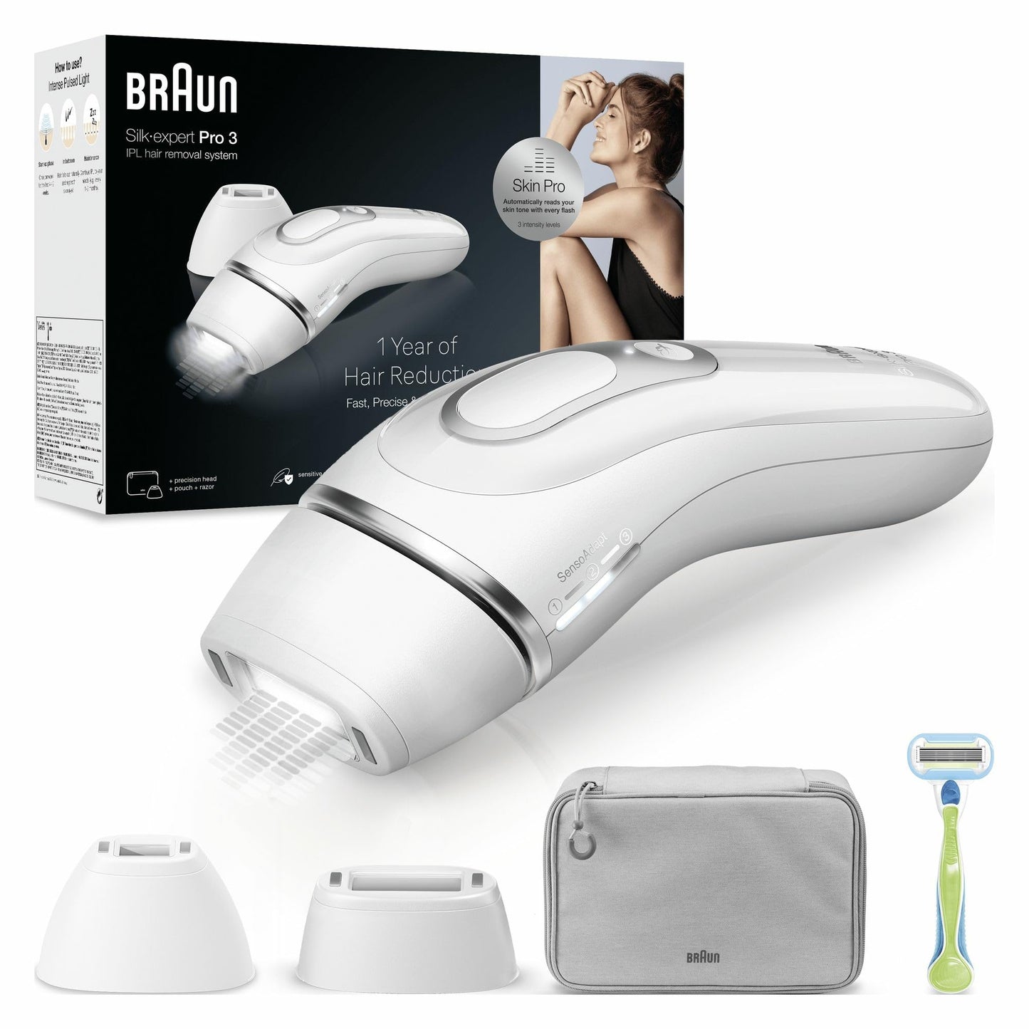 Braun Silk·expert Pro 3 - gaismas impulsi, daļēji pastāvīga matu noņemšana, 2 galviņas, balts/sudrabs, komplektā ar Venus skuvekli.