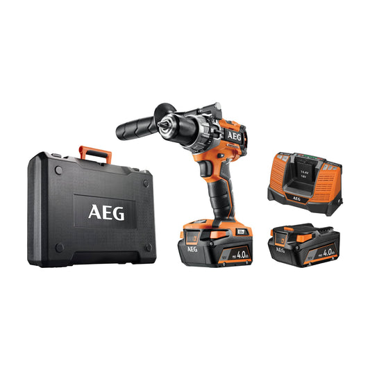 AEG PRO18V BSB 18C2BL - 65Nm torque, 13mm metal chuck, 2-speed gearbox, includes 2x 4.0Ah batteries and charger.
