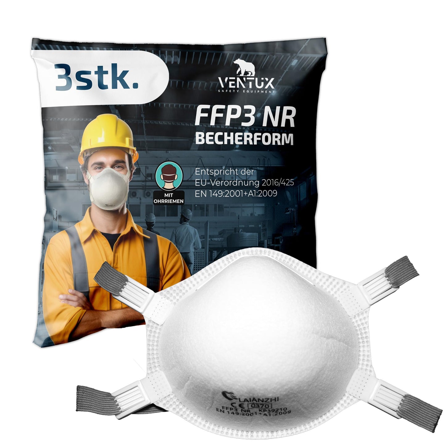 FFP3 respirators, 3 gab., kausveida, ar vārstu, balts, NR