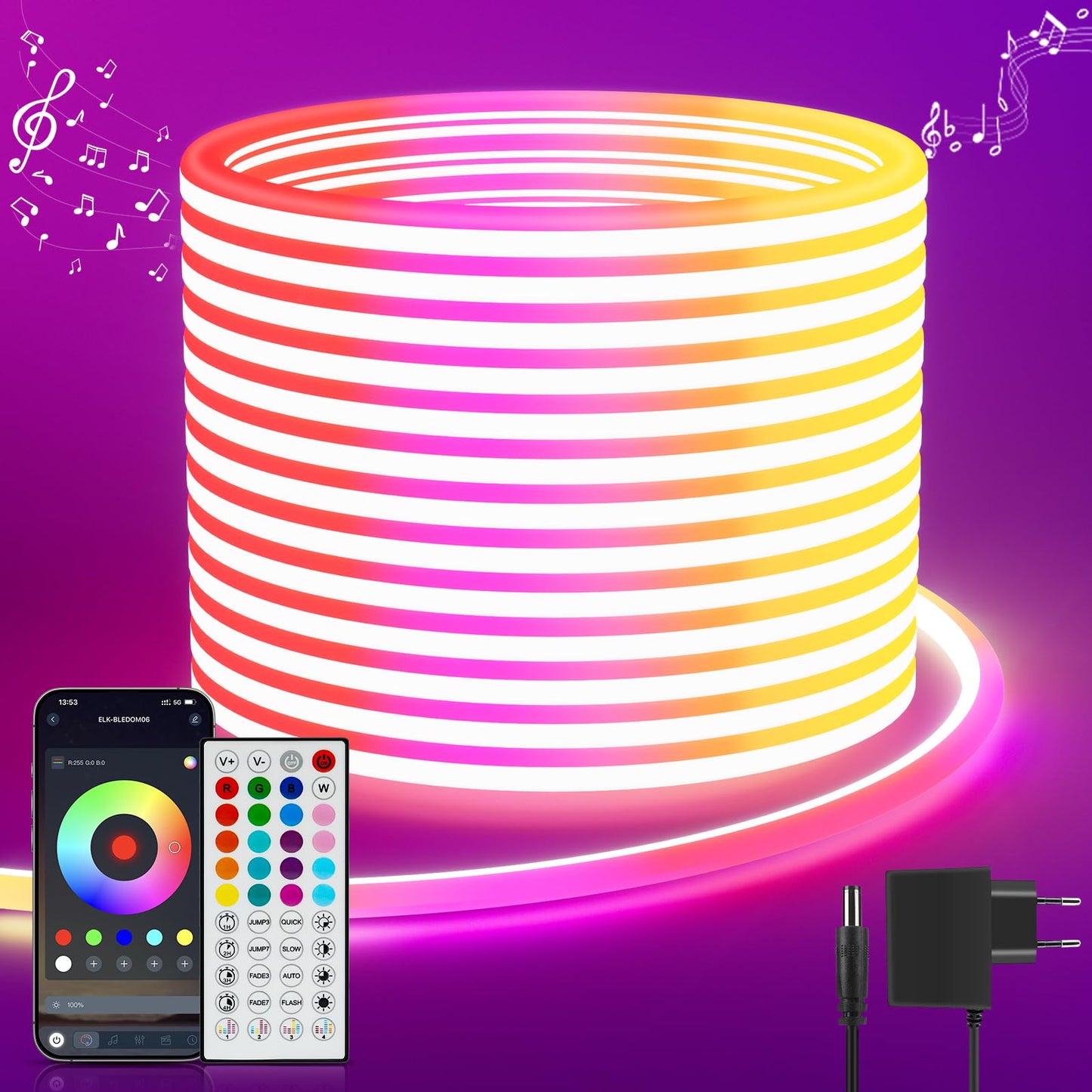 Neona LED lente 5M RGB, LED Streifen mit APP Steuerung Fernbedienung, IP65 ūdensizturīga elastīga LED lente, 24V LED lente ar mūzikas sinhronizāciju, iekštelpām un ārtelpām