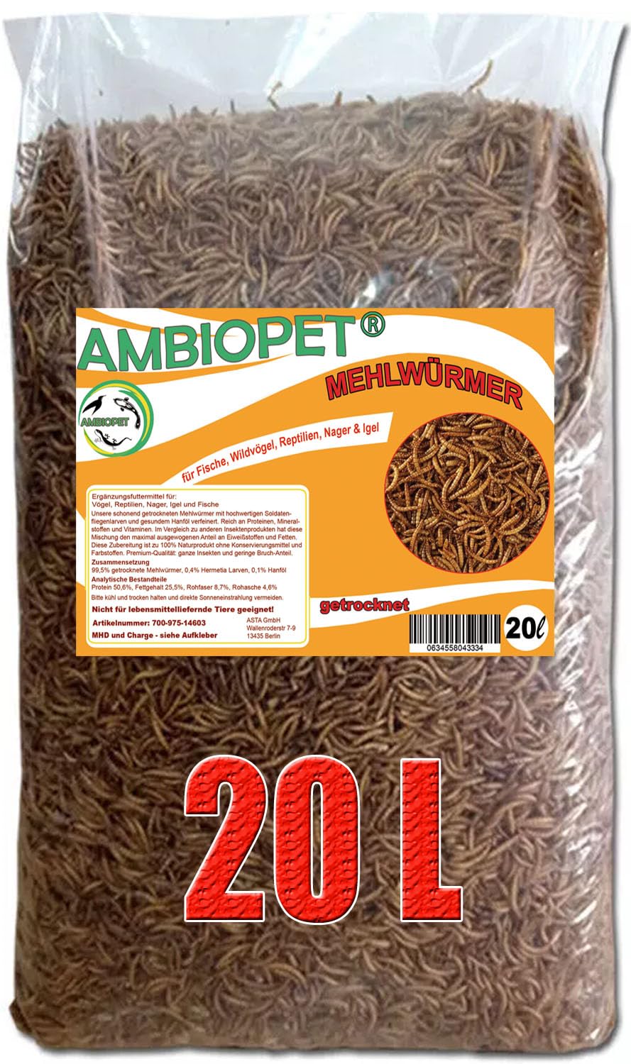 Žāvēti miltu tārpi Ambiopet 20L iepakojumā – olbaltumvielām un taukiem bagāta papildbarība zivīm, grauzējiem, putniem un rāpuļiem