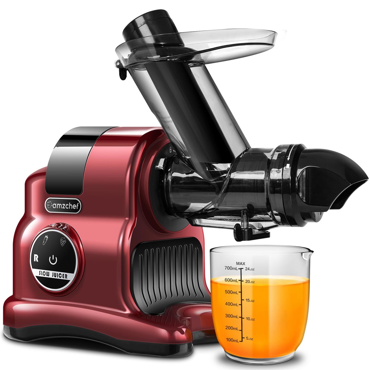 AMZCHEF sulas spiede ar 80MM lielu iepildīšanas caurumu - 150W lēnā sulas spiede ar 2 ātrumu režīmiem un atpakaļgaitas funkciju - sulas spiede veseliem dārzeņiem un augļiem testu uzvarētājs - sarkana