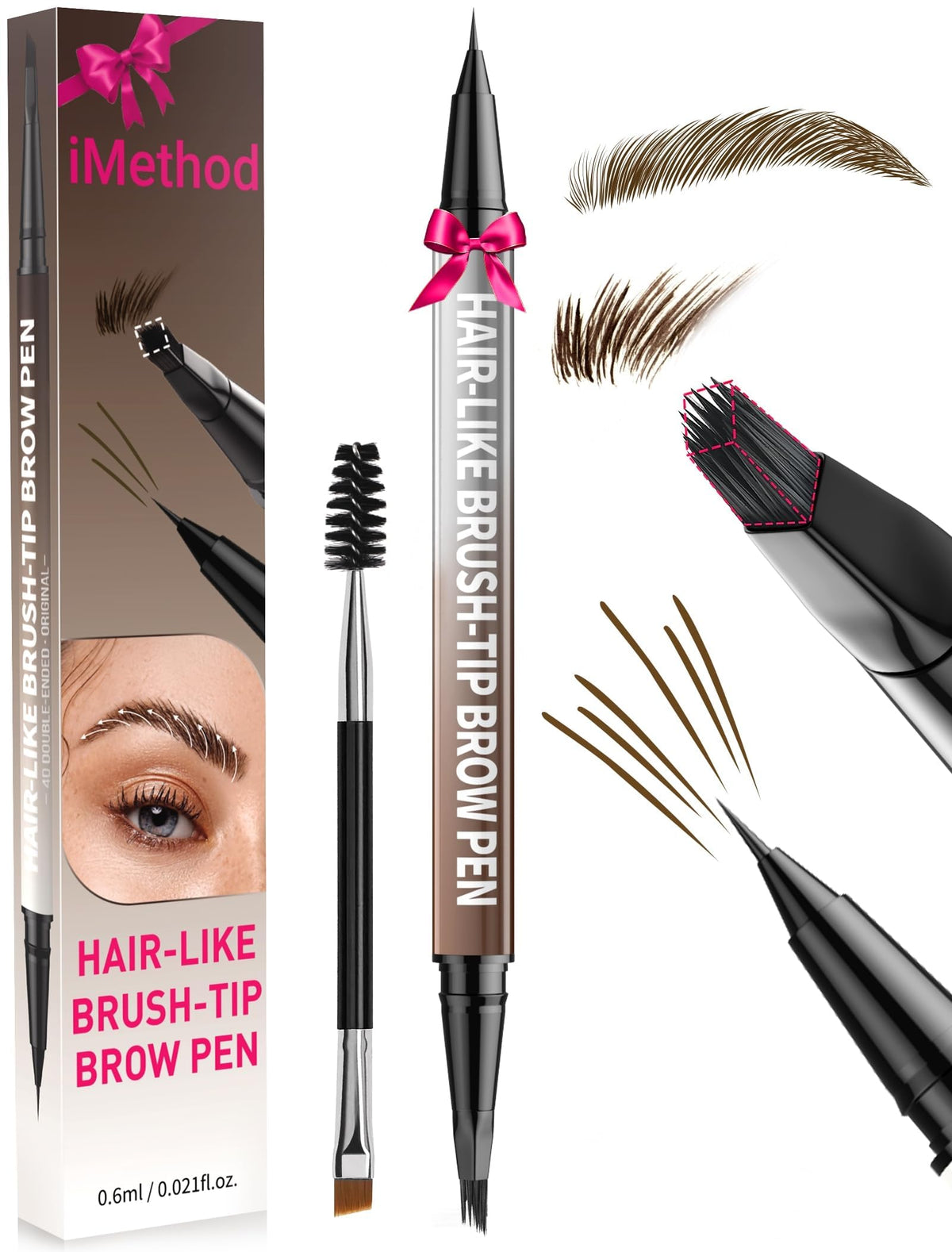 iMethod uzacu zīmulis ar birstīti, 2-in-1 acu laineris, divpusēja birstīte microblading 4D uzacīm, matiem līdzīgs efekts, tumši brūns