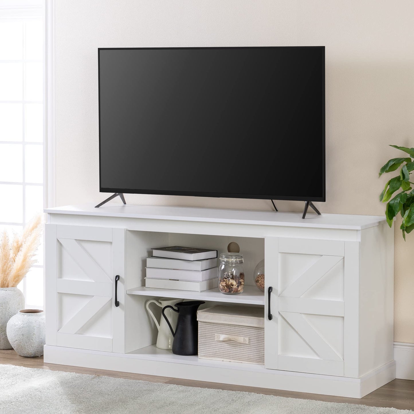 Zinus Wade TV skapis - TV skapis 147x67x40 cm - Mēbeles ar uzglabāšanas skapi - Balts