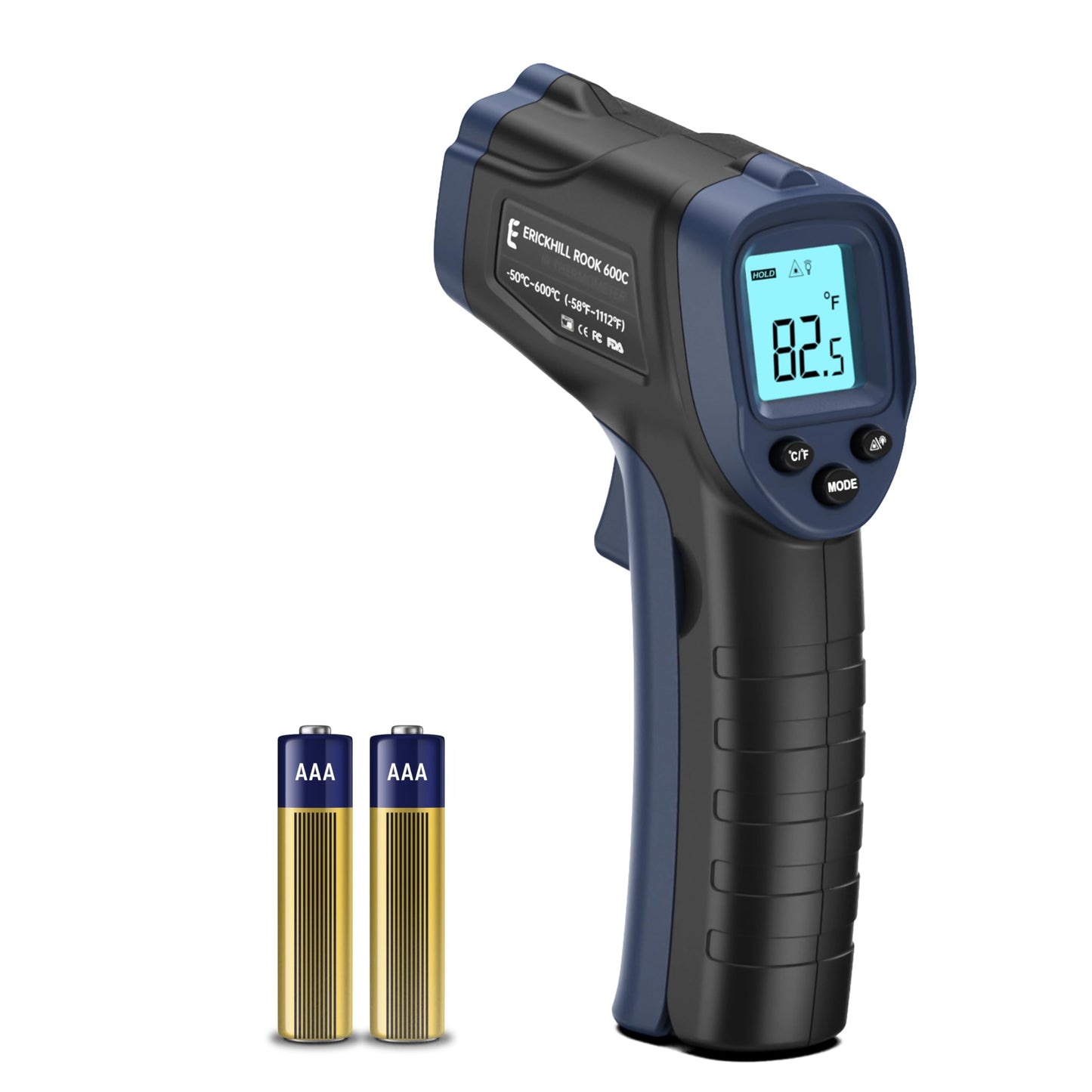 Infrasarkanais termometrs ERICKHILL, -50℃~600℃ bezkontakta lāzera temperatūras mērītājs ar LCD displeju un regulējamu emisijas koeficientu, gatavošanai, grilēšanai un rūpniecībai, melns/zils