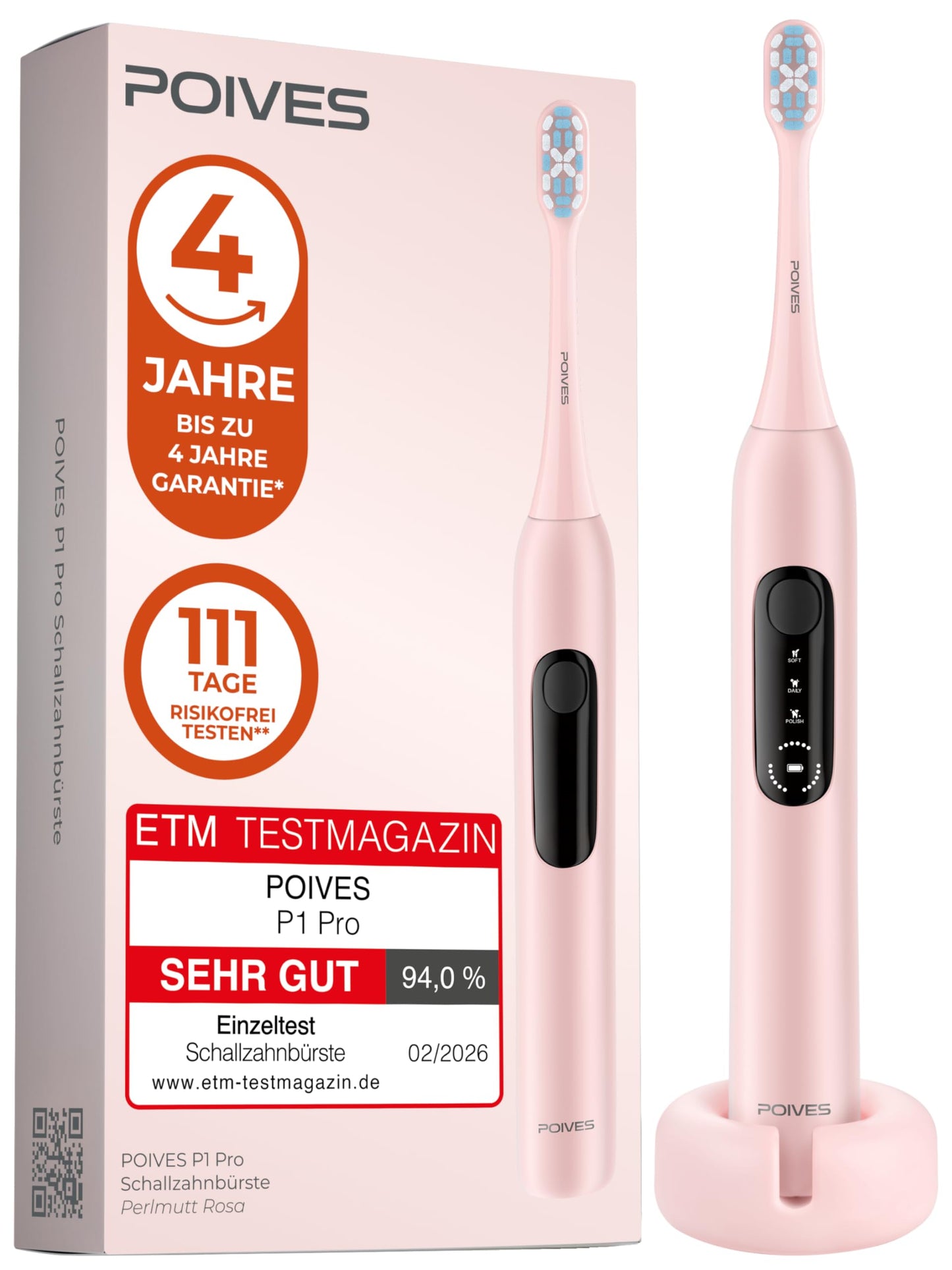 Sonic elektriskā zobu birste POIVES P1 Pro Ultraschall, Perlmutt Rosa