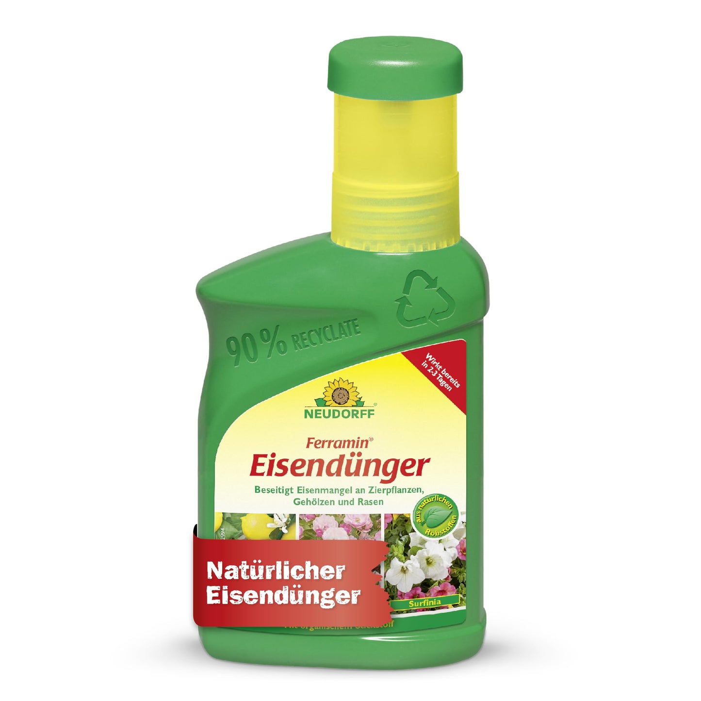 Neudorff Ferramin dzelzs mēslojums – dabisks dzelzs mēslojums citrusaugiem, dekoratīvajiem augiem un zālienam koši zaļām lapām un zāliena zālei, 250 ml