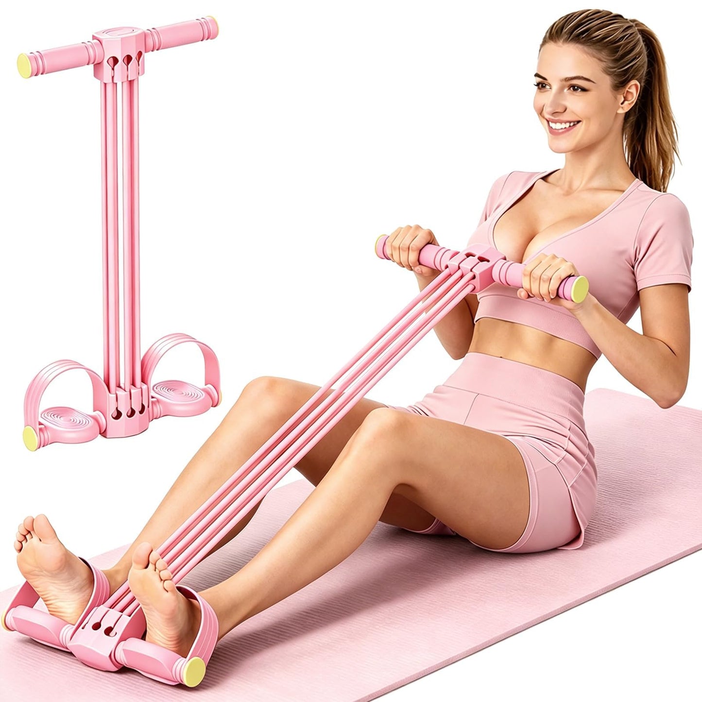 Bauchtrainer für zuhause Rimotedeso ar 6 caurulēm, daudzfunkcionāla vilkšanas virve, tauku samazināšanai, viduklim, rokām, kājām un stiepšanai, neslīdošs pedālis, mājas sporta zāle, rozā