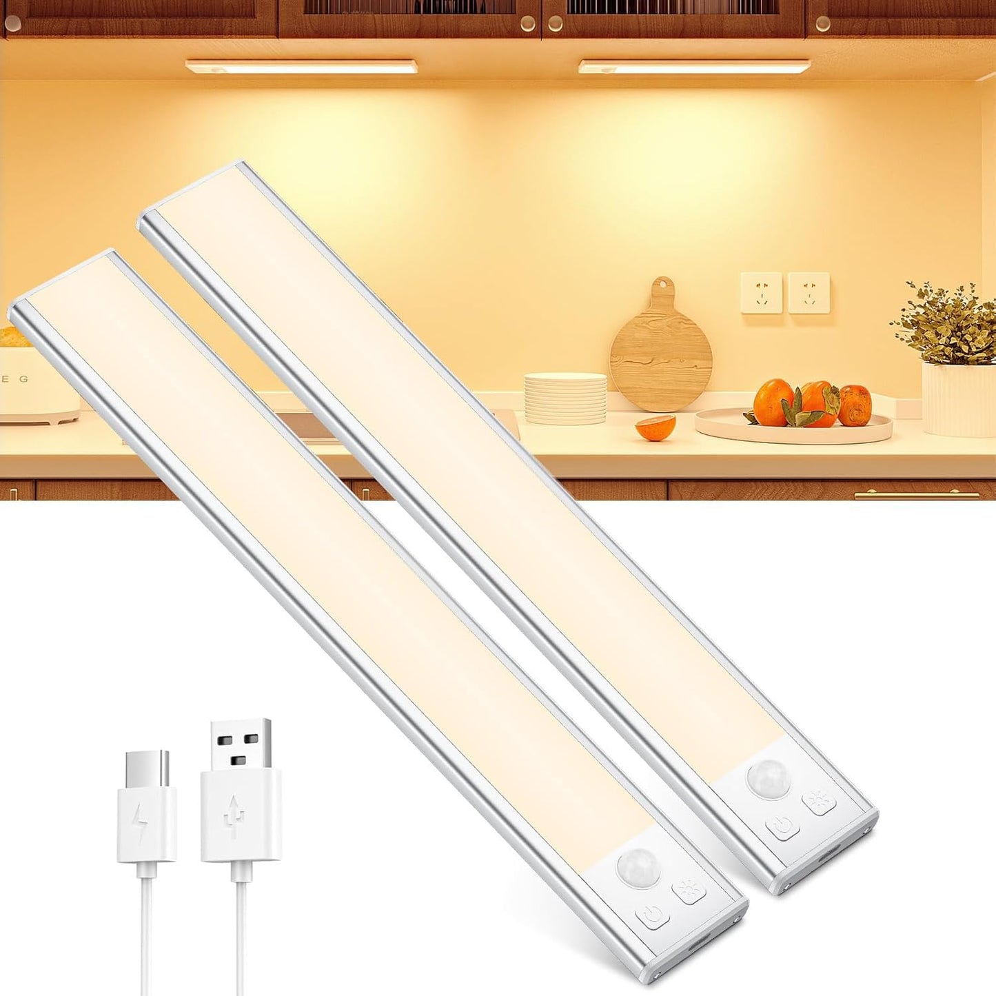 LED skapja apgaismojums OUILA ar kustību sensoru, zemskapja lampa virtuvei, USB-C uzlādējama, regulējams spilgtums, bezvadu nakts gaisma, 20.5CM, 2 gab.