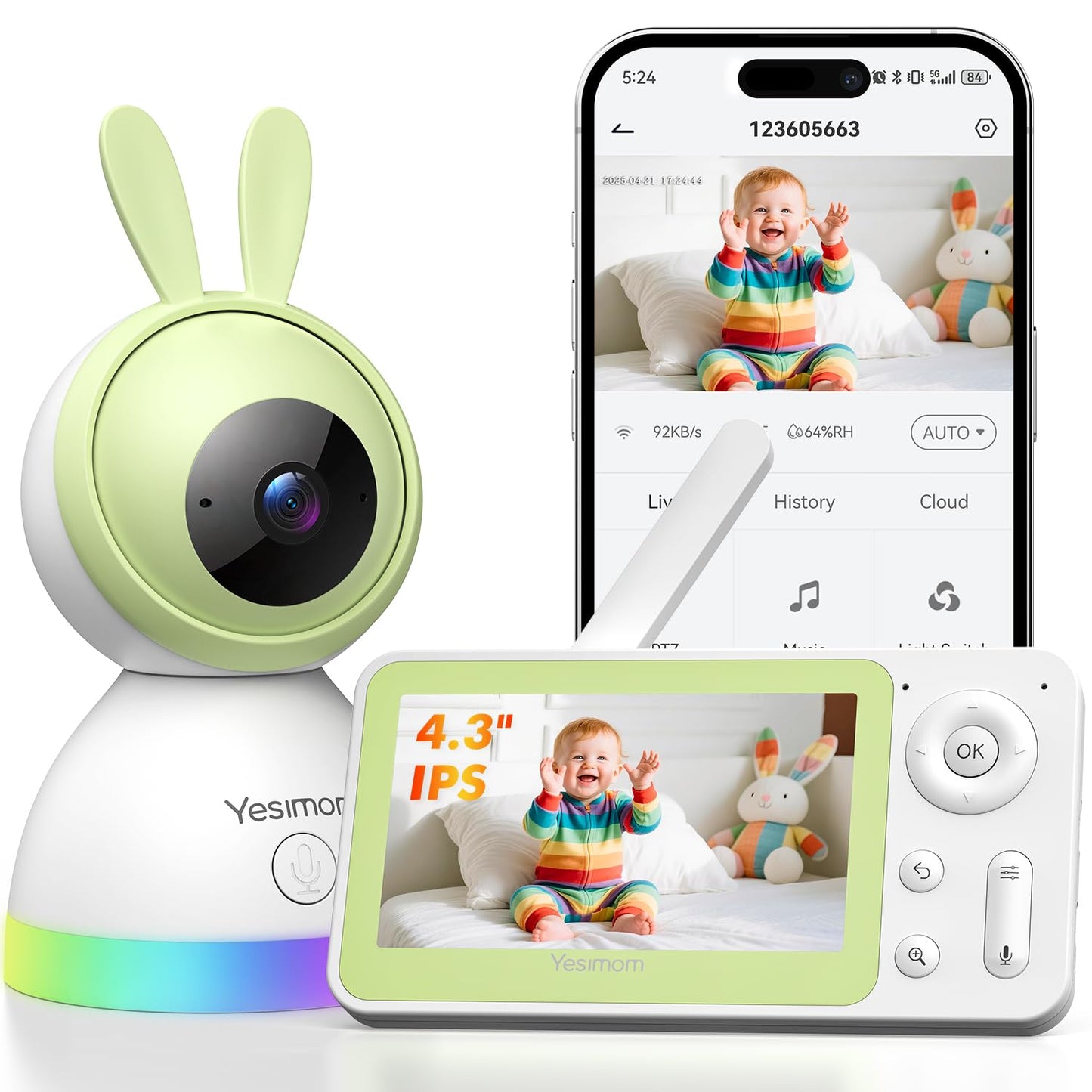 YESIMOM babyfons ar kameru 1080P HD PTZ 360°, 4,3" WLAN mazuļa monitors