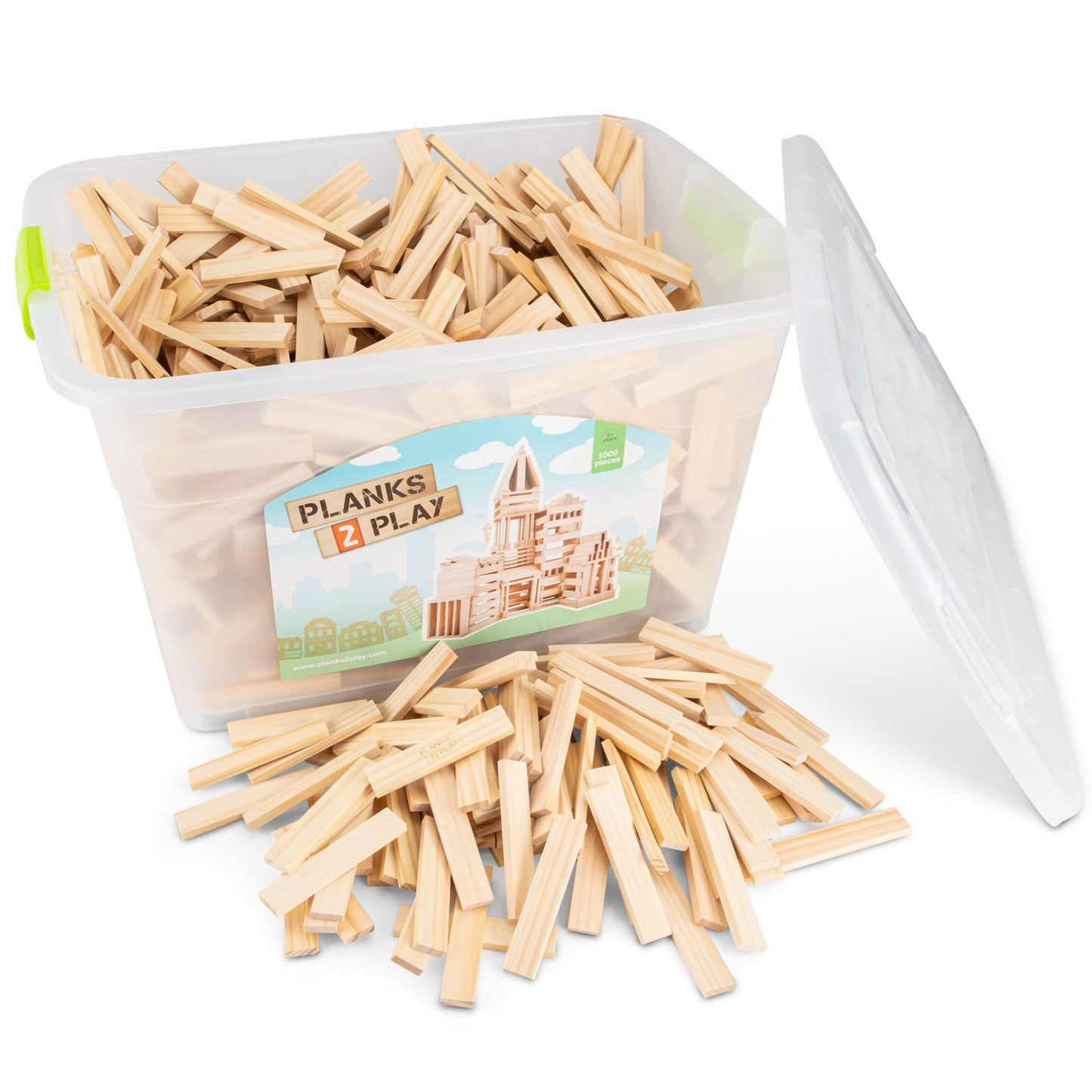 Planks 2 Play - 1000 wooden blocks for creative building and play, perfect for kids and educational activities.