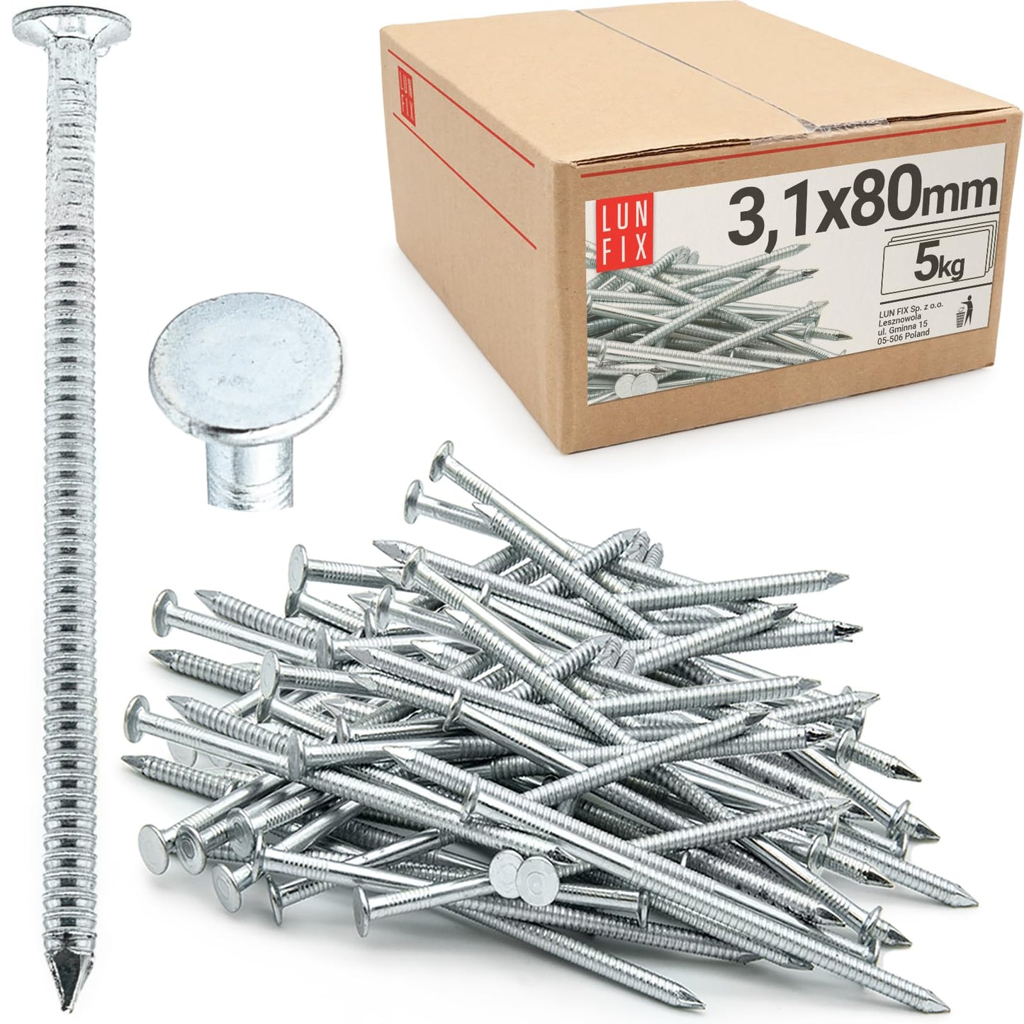 LUN FIX rievotie naglas 3,1 x 80 mm, cinkoti, 5kg, apm. 995 gab., plakana galva