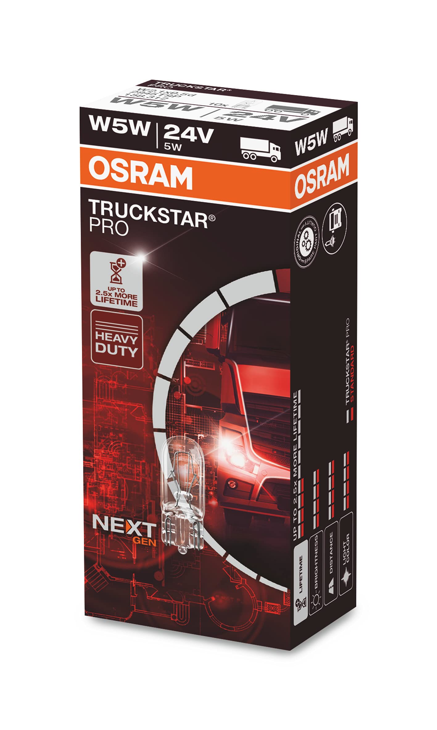 OSRAM TRUCKSTAR® PRO W5W, +120% vairāk gaismas, halogēna priekšējā lampa, 2845TSP, 24V kravas automašīnas lampa, salokāma kaste (10 lampas), caurspīdīga
