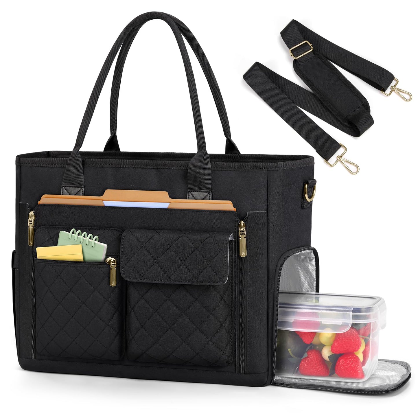Skolotājas soma sievietēm, RAINSMORE 15,6 collu laptoptasmas soma ar dzesēšanas nodalījumu, ūdensizturīga liela plecu soma birojam un universitātei, shopper soma, melna