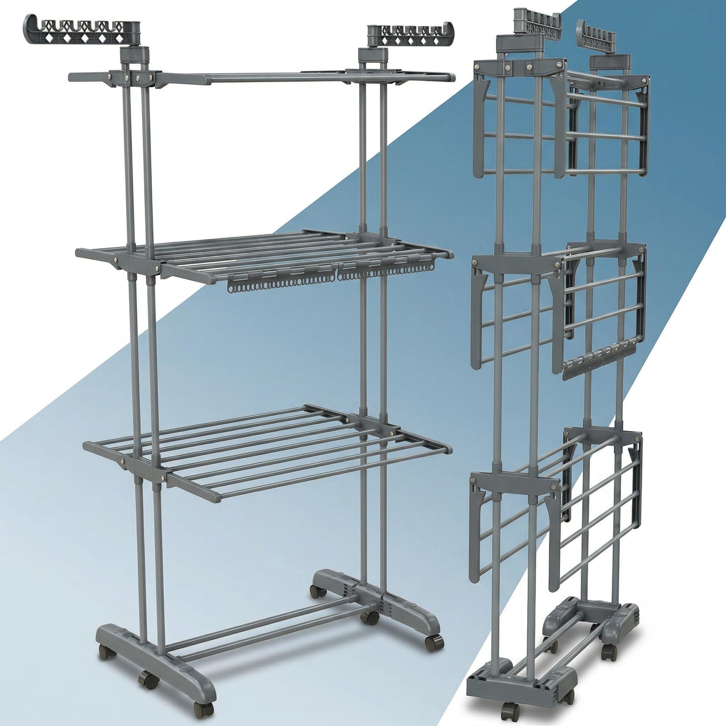 Veļas žāvētājs tornis PORTENTUM salokāms, 4 līmeņi, 24 žāvēšanas stieņi, līdz 40 kg, ar 2 zeķu turētājiem, ritenīši ar bremzi