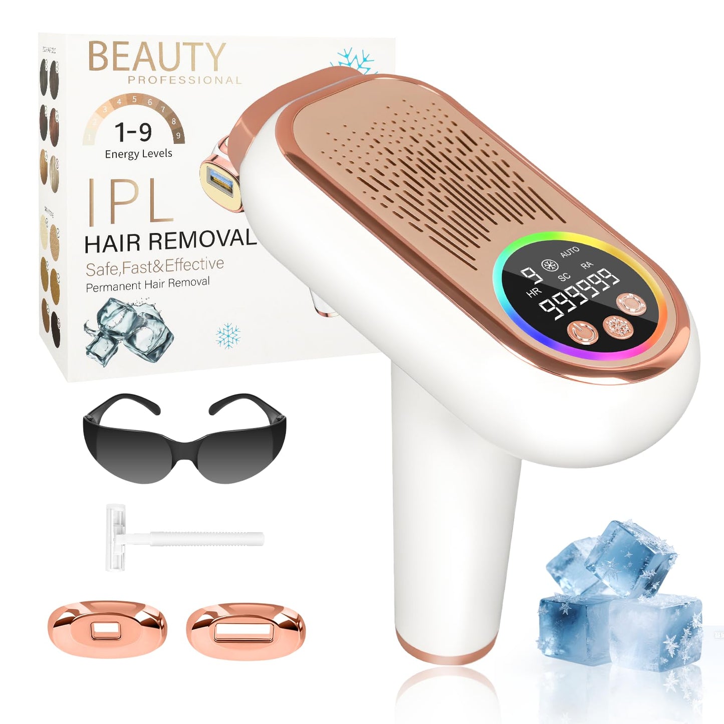 IPL epilators ar dzesēšanas funkciju - nesāpīga IPL ierīce ar 3 režīmiem (HR/SC/RA), 9 enerģijas līmeņiem, 999.999 gaismas impulsiem sievietēm un vīriešiem - ideāli piemērota sejai, bikini zonai, kājām un ķermenim