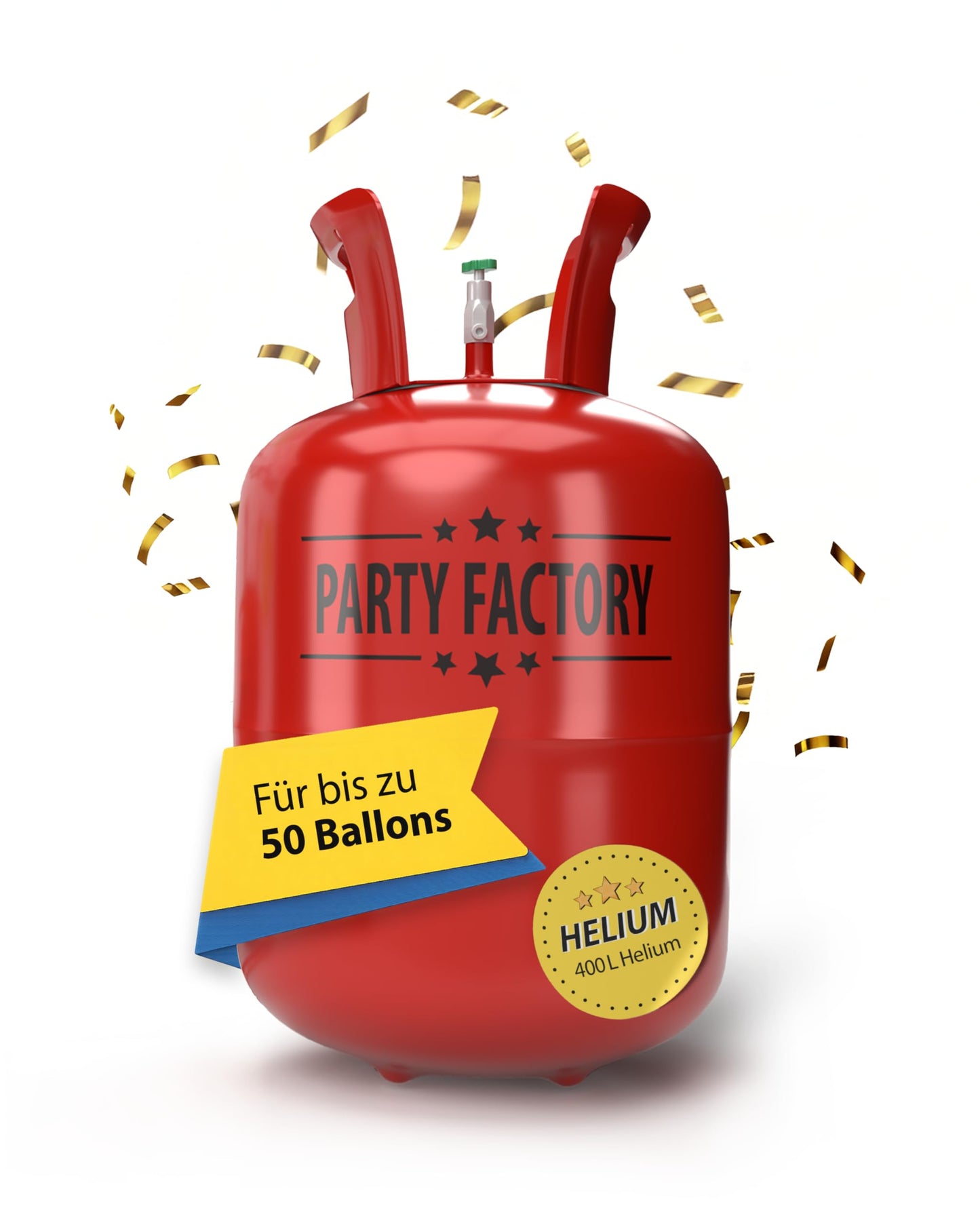 Helija gāzes balons Party Factory 1x 400L aptuveni 50 baloniem, ballīšu dekors lateksa un folija baloniem, vienreizējais balons ar saliekamu uzpildes vārstu, svinībām, kāzām un dzimšanas dienām