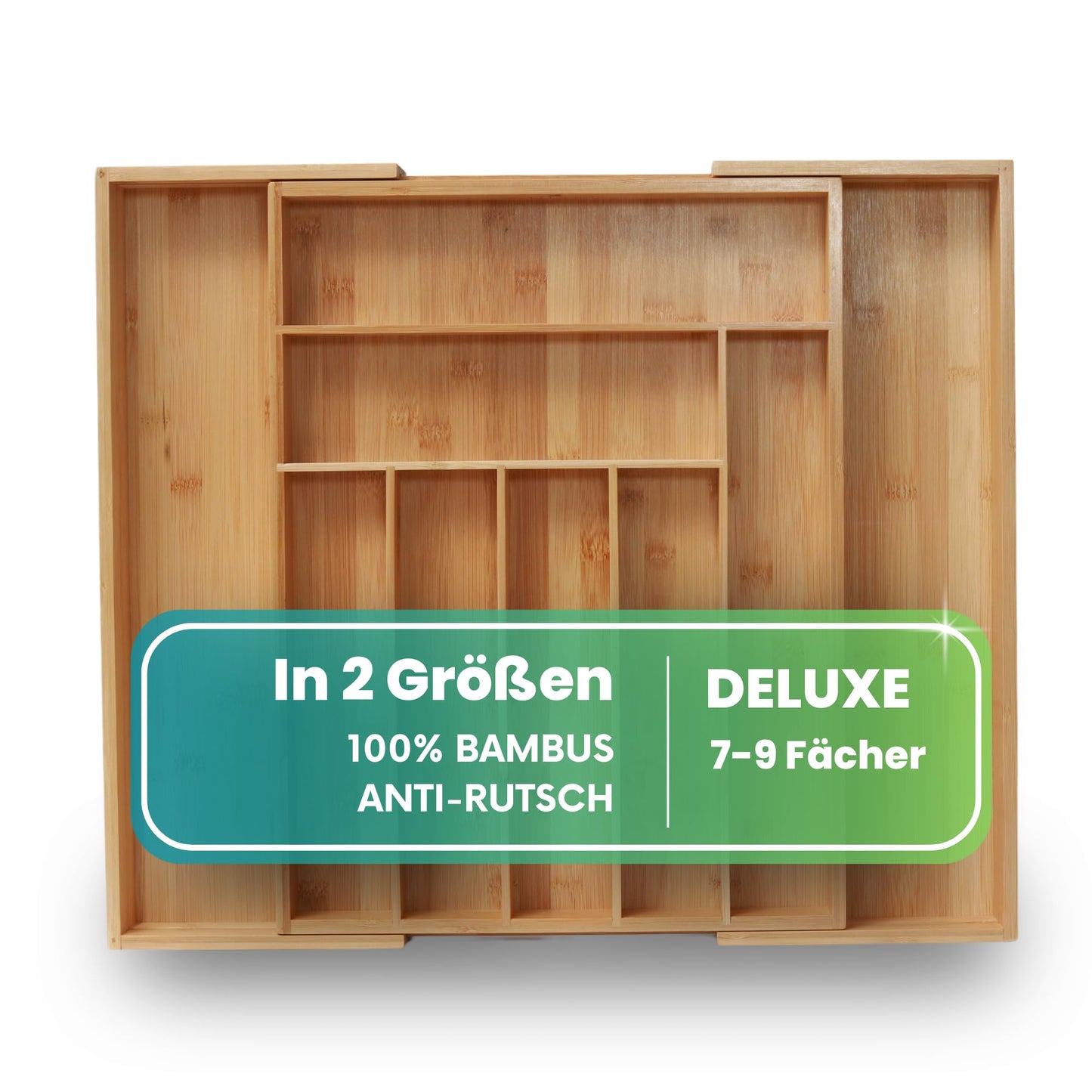 Galda piederumu kaste ZEN HOME Deluxe no bambusa, izvelkama 33–50 x 43 x 5 cm, neslīdošs galda piederumu organizators atvilktnei ar 7 līdz 9 nodalījumiem