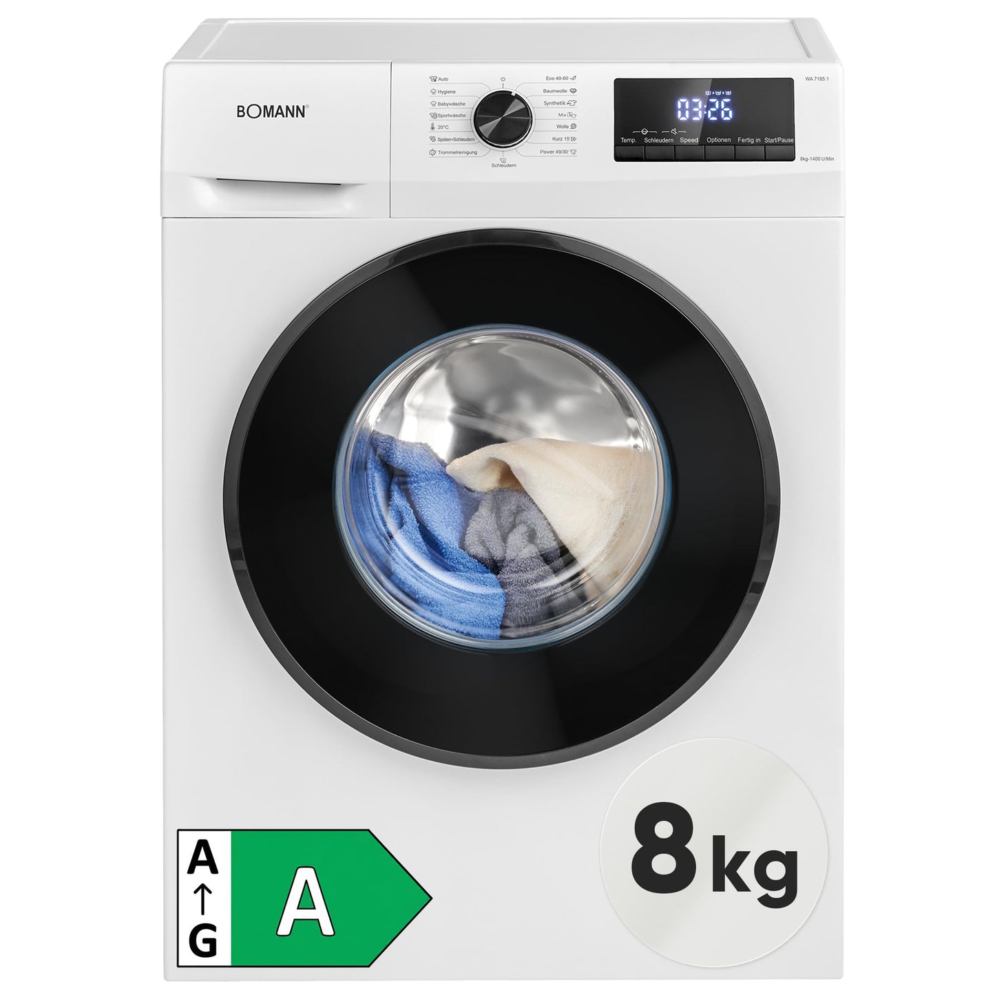Bomann® veļas mašīna 8kg, max. 1400 U/min, 10 gadu motora garantija, izturīgs, kluss un ilgmūžīgs invertora motors, 15 mazgāšanas programmas, LED displejs, veļas mašīna ar tvaika funkciju, WA 7185.1