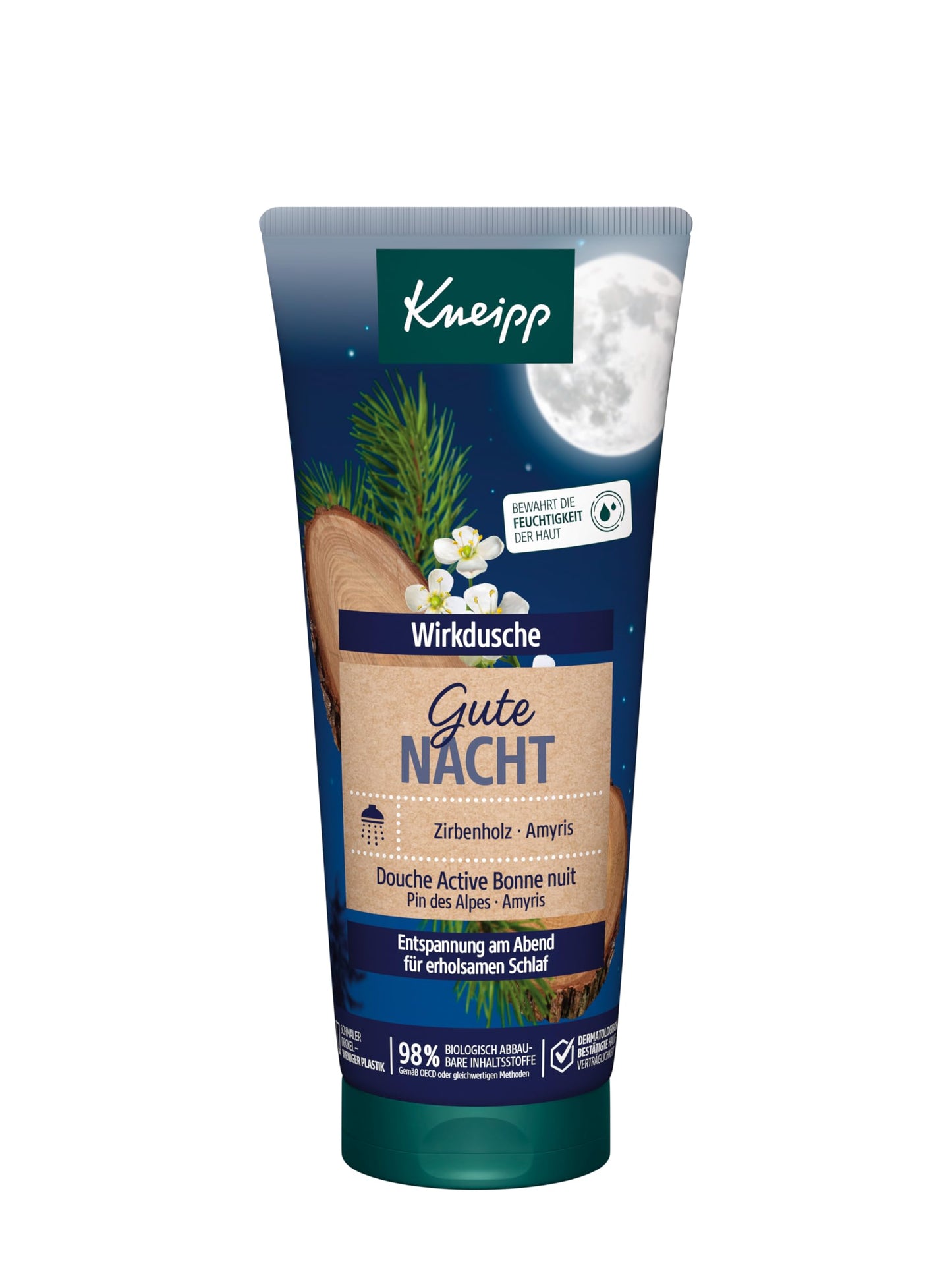 Dušas želeja Kneipp Gute Nacht ar ēteriskajām eļļām no zirbenes koka un amiris, saudzīga ādai, 200 ml