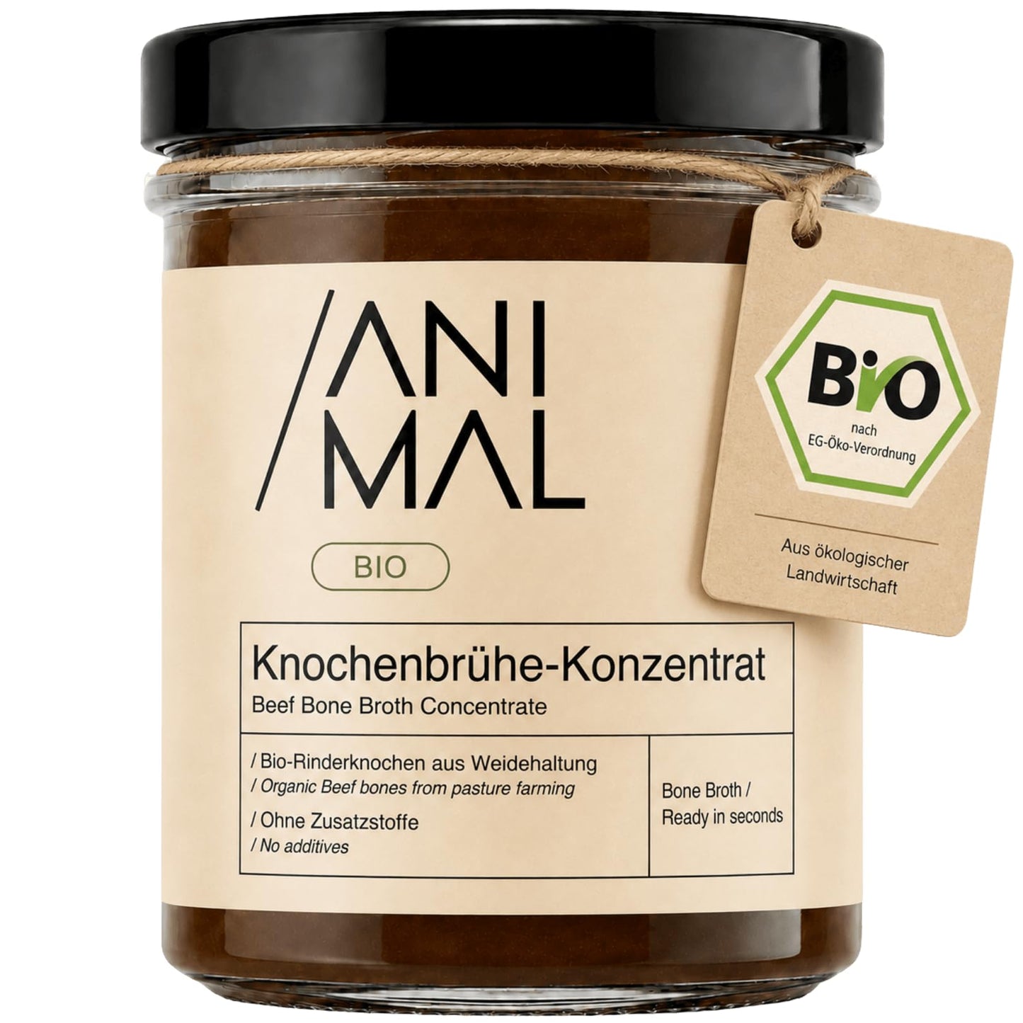 Bio liellopa kaulu buljona koncentrāts no ganībās audzētas liellopu gaļas - 22 porcijas - Organic Beef Bone Broth Paste burkā, liellopa buljons un fonds dzeršanai, zupām un mērcēm, ar kolagēnu, bez piedevām, 220g