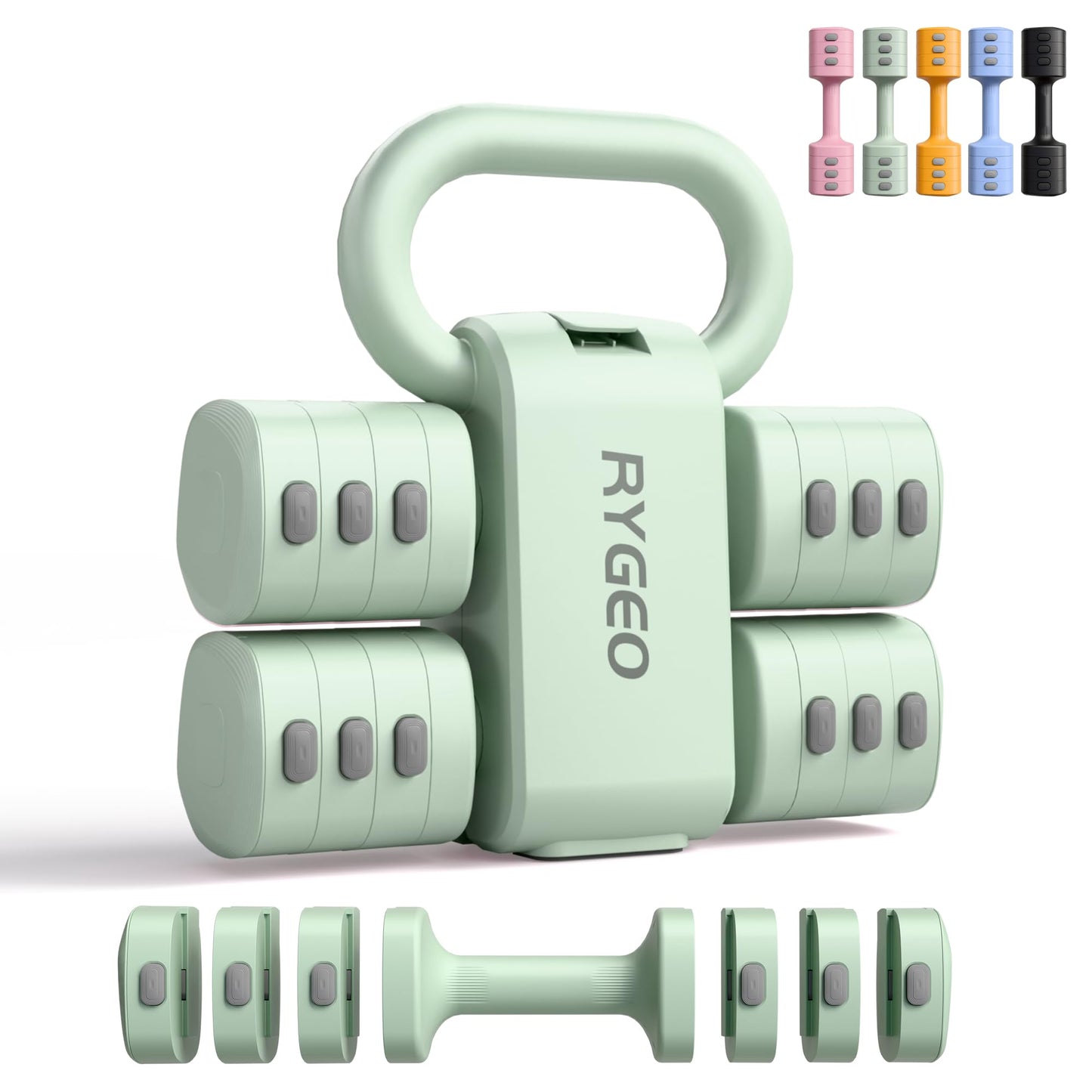 2-in-1 regulējamu hantelīšu komplekts ar kettlebellu sievietēm RYGEO, 1-2,5 kg katrai hantelē, līdz 5,5 kg kombinētajā režīmā, 12 svara diski, mājas fitnesam, zaļš