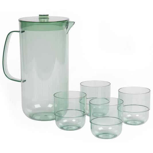 Cambridge Fete 5-piece glass and mug set - stackable design, water carafe with lid, BPA-free plastic, perfect for parties and picnics, green
