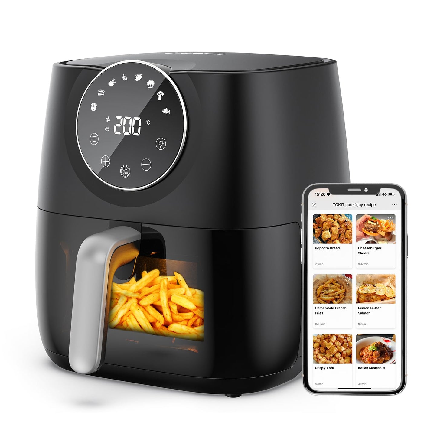 joyami XXL 5.7L hot air fryer - touchscreen control, 8 programs, 1700W, transparent window, includes 100+ recipes, black