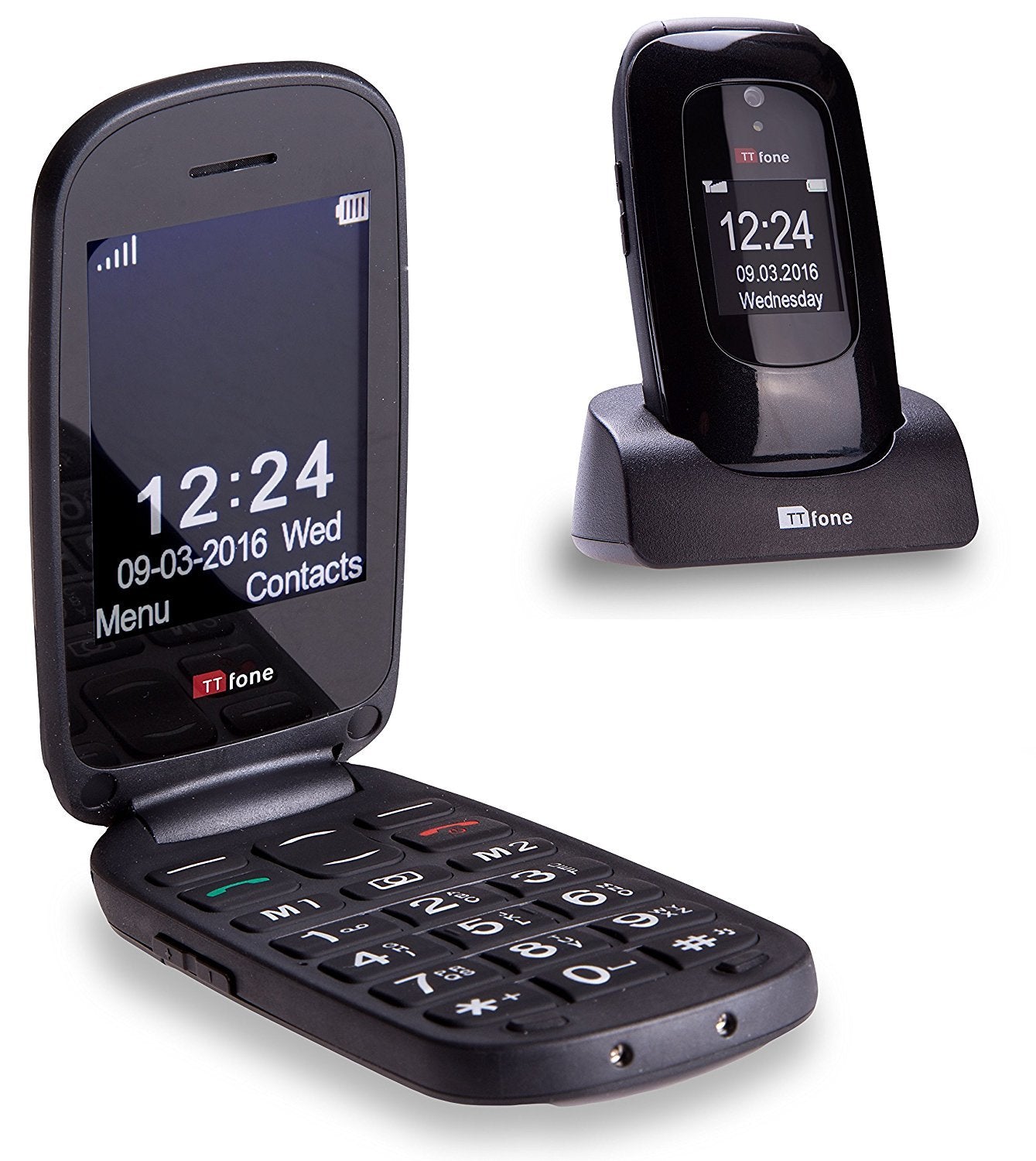 TTfone Lunar - Large buttons, simple design, foldable, unlocked mobile phone in black.