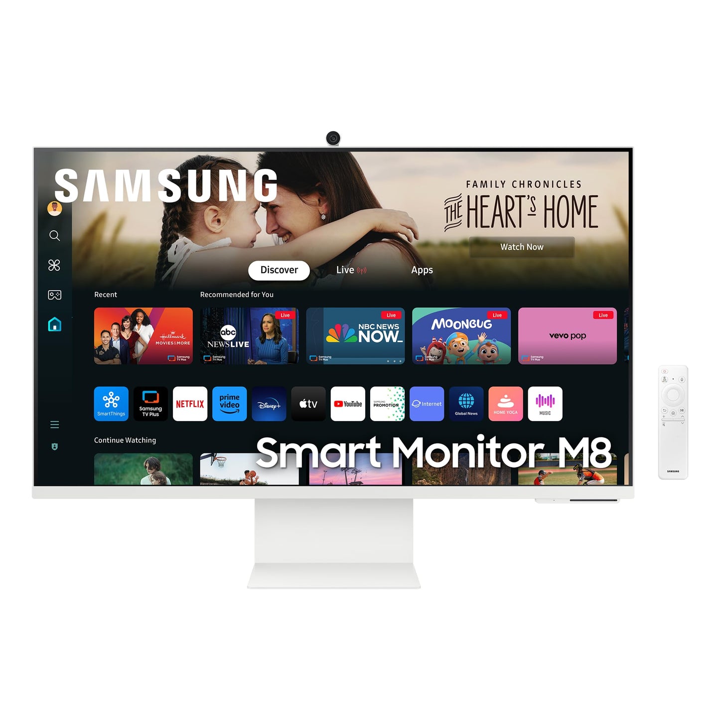 Samsung M80D Monitor - 32" 4K UHD, AI enhancement, 360 audio, built-in webcam, height adjustable, smart TV apps, remote.