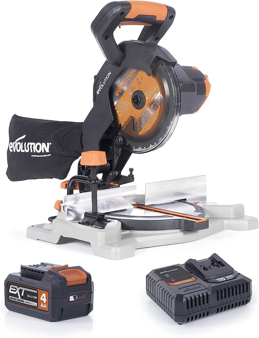 Evolution Power Tools R185CMS-Li - 850W cordless miter saw with multifunction blade, 4Ah battery, 185mm TCT blade included.